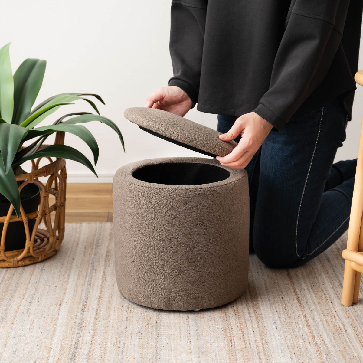 スツール 円型 高さ32cm 収納付 ( 丸 ラウンドスツール 椅子 ファブリック ナチュラル オットマン おもちゃ入れ 小物入れ サイドテーブル リビング 玄関 ) 【ベージュ】 ベージュ