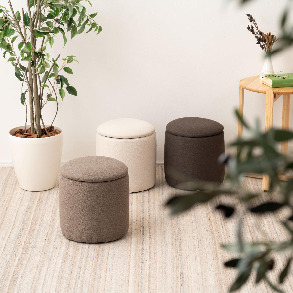 スツール 円型 高さ32cm 収納付 ( 丸 ラウンドスツール 椅子 ファブリック ナチュラル オットマン おもちゃ入れ 小物入れ サイドテーブル リビング 玄関 ) 【ベージュ】 ベージュ