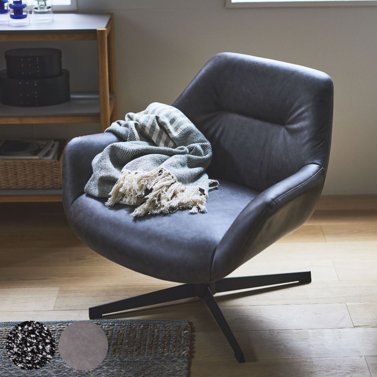 リビングチェア 座面高42cm クロスレザー生地 ファブリック生地 ( 回転式 ラウンジチェア リラックスチェア 椅子 レザー調 布 グレー 書斎 リビング チェア ホテルライク 座り心地 快適 ) 【ダークブラウン】