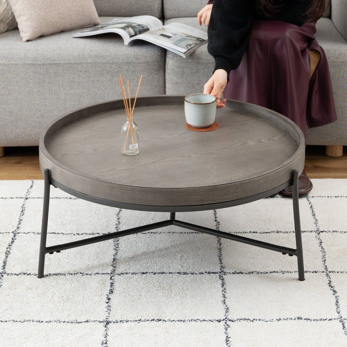 リビングテーブル 高さ32.5cm 天板円型 センターテーブル ( 円形 丸 ラウンド ローテーブル テーブル 天然木 スチール脚 モダン スタイリッシュ コンパクト サイドテーブル フチ付き ) 【グレー】 グレー