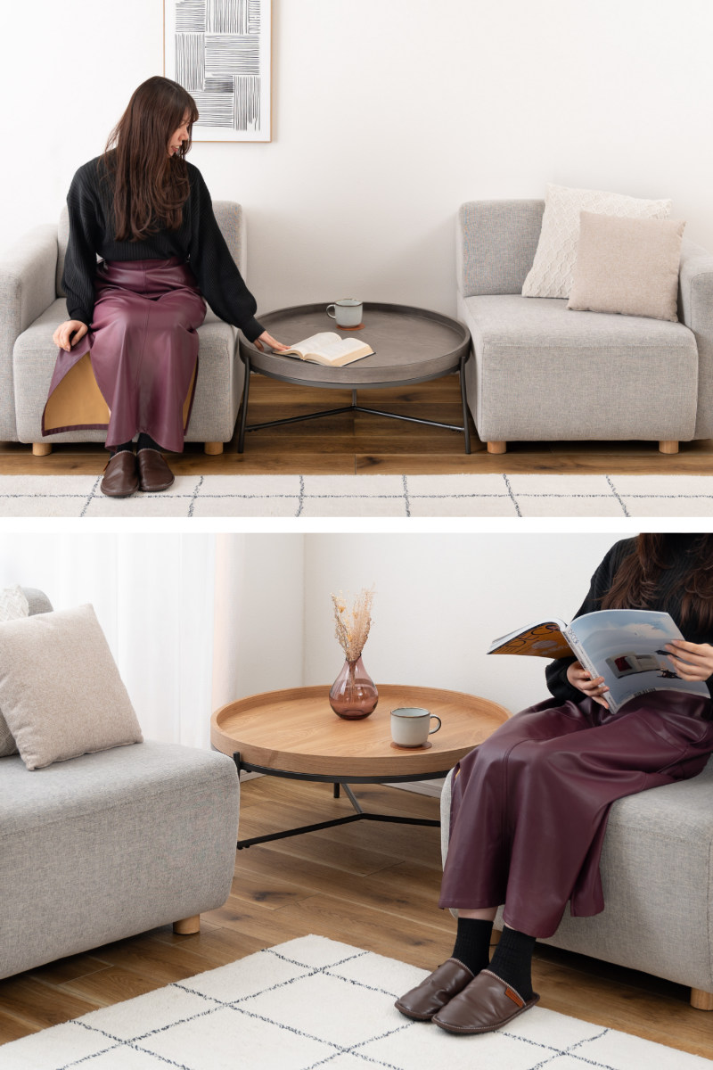 リビングテーブル 高さ32.5cm 天板円型 センターテーブル ( 円形 丸 ラウンド ローテーブル テーブル 天然木 スチール脚 モダン スタイリッシュ コンパクト サイドテーブル フチ付き ) 【グレー】 グレー