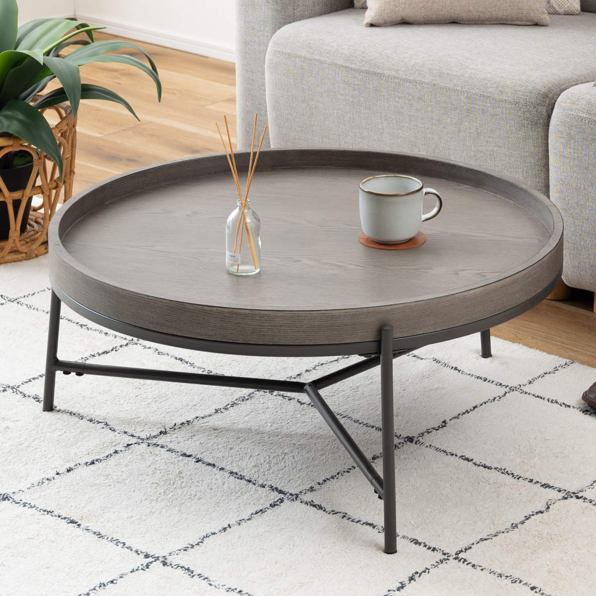 リビングテーブル 高さ32.5cm 天板円型 センターテーブル ( 円形 丸 ラウンド ローテーブル テーブル 天然木 スチール脚 モダン スタイリッシュ コンパクト サイドテーブル フチ付き ) 【グレー】 グレー