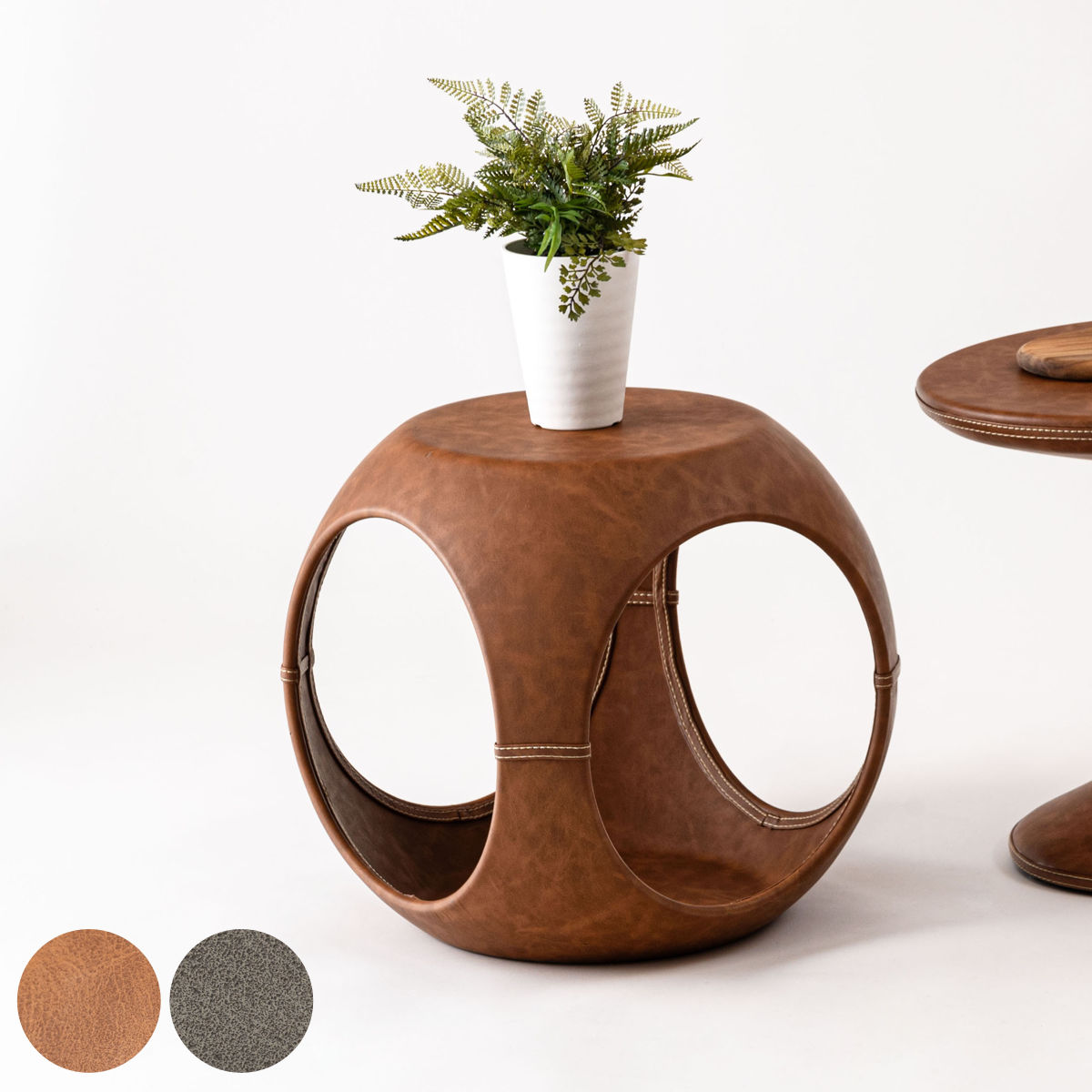 サイドテーブル 円型 高さ43.5cm ソフトレザー ( レザー調 丸 丸い ボール型 テーブル ミニテーブル ソファ ベッド 横 ナイトテーブル モダン ビンテージ調 おしゃれ 高級感 ホテルライク ) 【グレー】