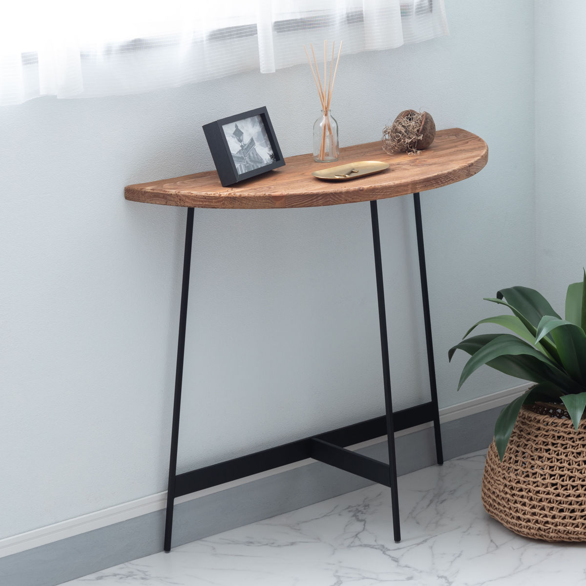 コンソールテーブル 半円型 高さ72cm 古材 （ 天然木 パイン材 ビンテージ調 アイアン 異素材 壁付け 壁寄せ テーブル 省スペース サイドテーブル 玄関 リビング ディスプレイ台 ミニテーブル ソファ ベッド 横 ）