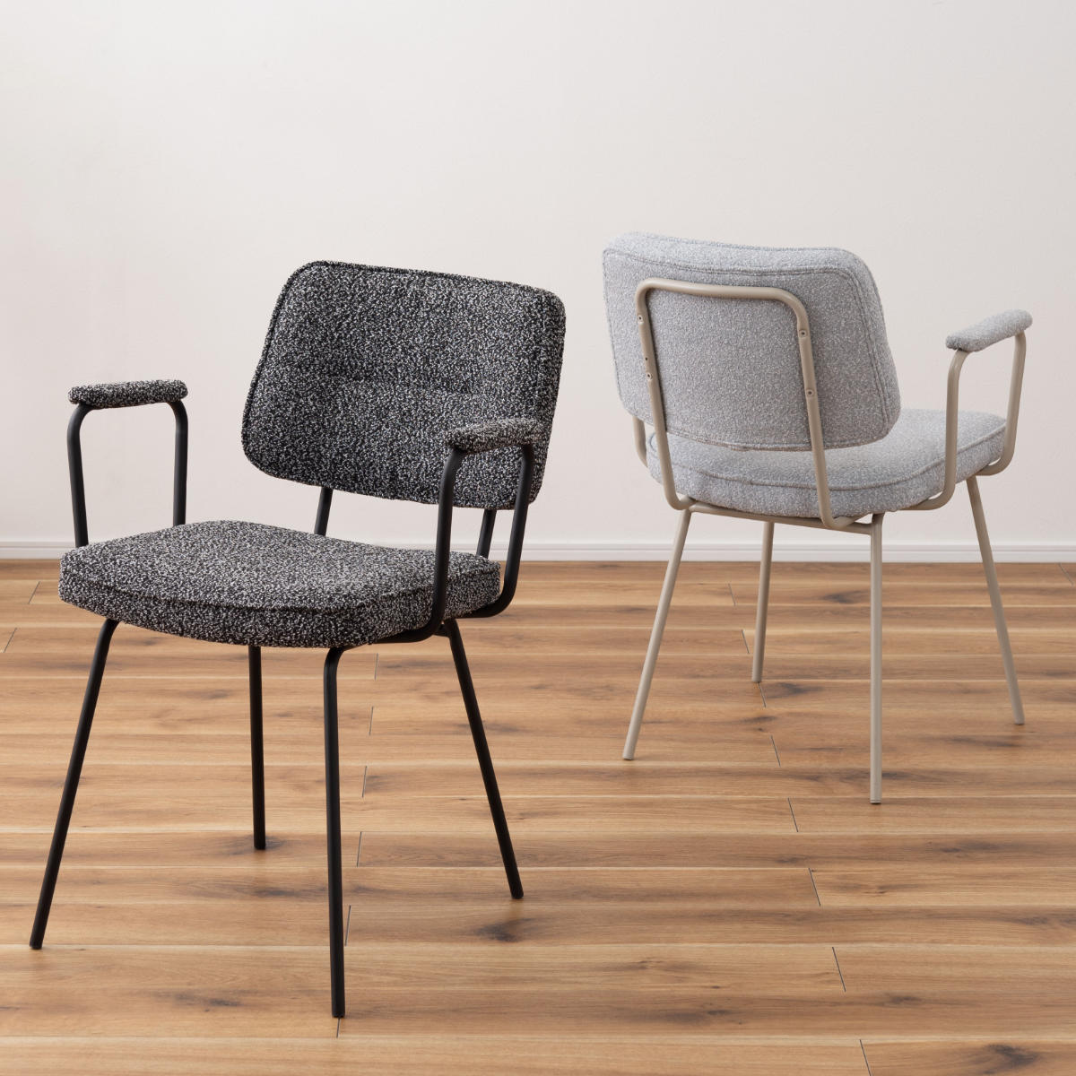 ダイニングチェア 座面高48cm アームチェア ブークレ生地 ( 食卓 ダイニング 食卓椅子 チェアー チェア 椅子 いす イス 肘付き 肘掛 ひじ掛け ふんわり 簡単組立 ファブリック 布 おしゃれ シンプル スチール モダン デスクチェア ) 【ダークグレー】 ダークグレー