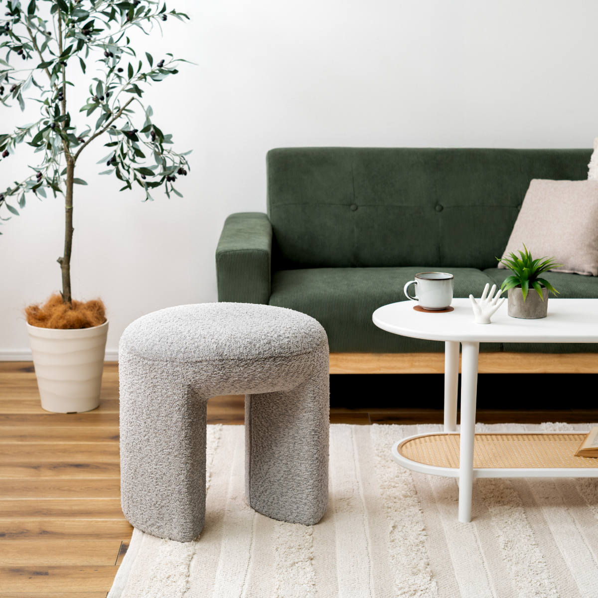 スツール 高さ46cm 座面丸型 ブークレ生地 ( 丸 ラウンド 円形 サブチェア 椅子 オットマン もこもこ 軽量 リビング 玄関 寝室 サイドテーブル グレー グリーン ホワイト ) 【グリーン】 グリーン