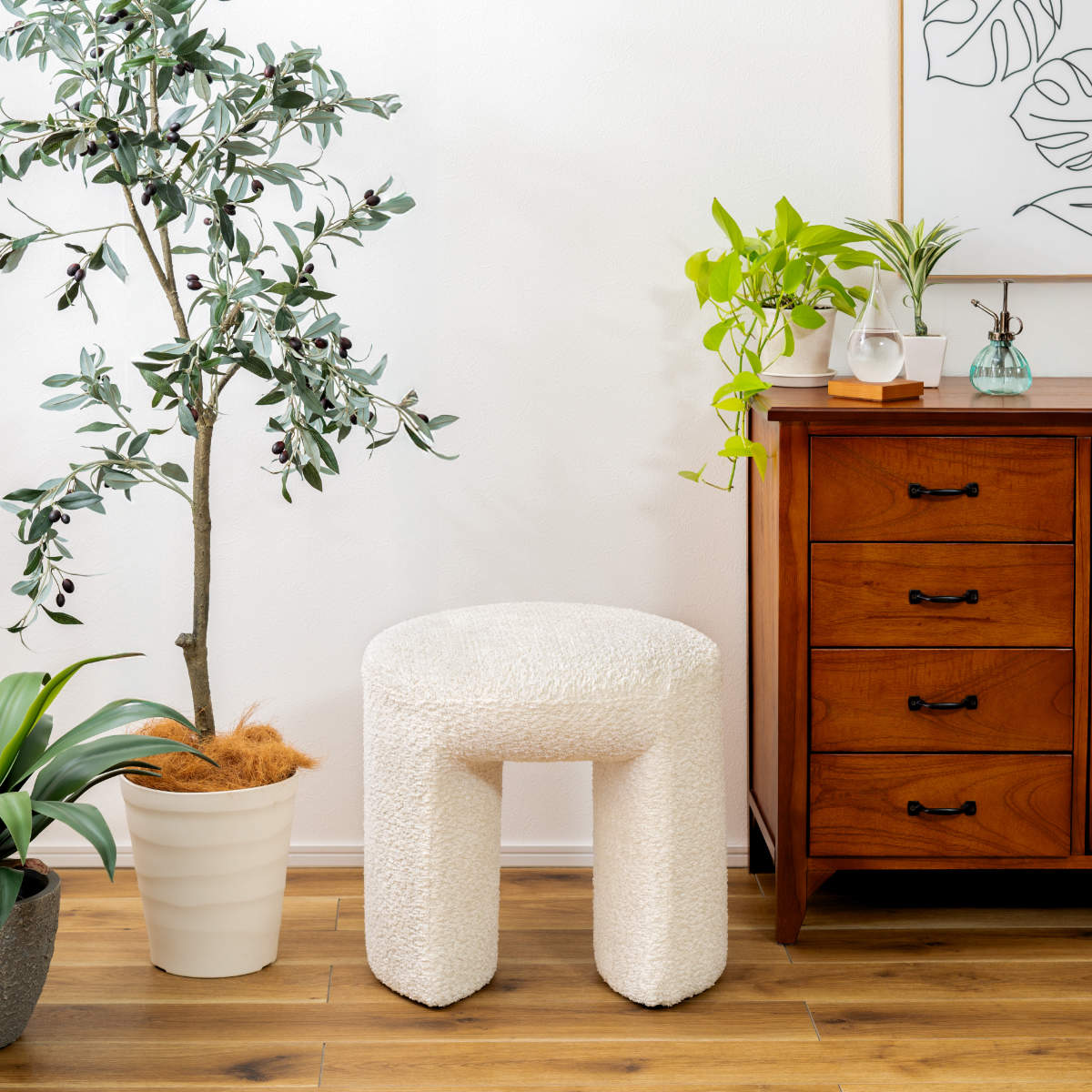 スツール 高さ46cm 座面丸型 ブークレ生地 ( 丸 ラウンド 円形 サブチェア 椅子 オットマン もこもこ 軽量 リビング 玄関 寝室 サイドテーブル グレー グリーン ホワイト ) 【グリーン】 グリーン