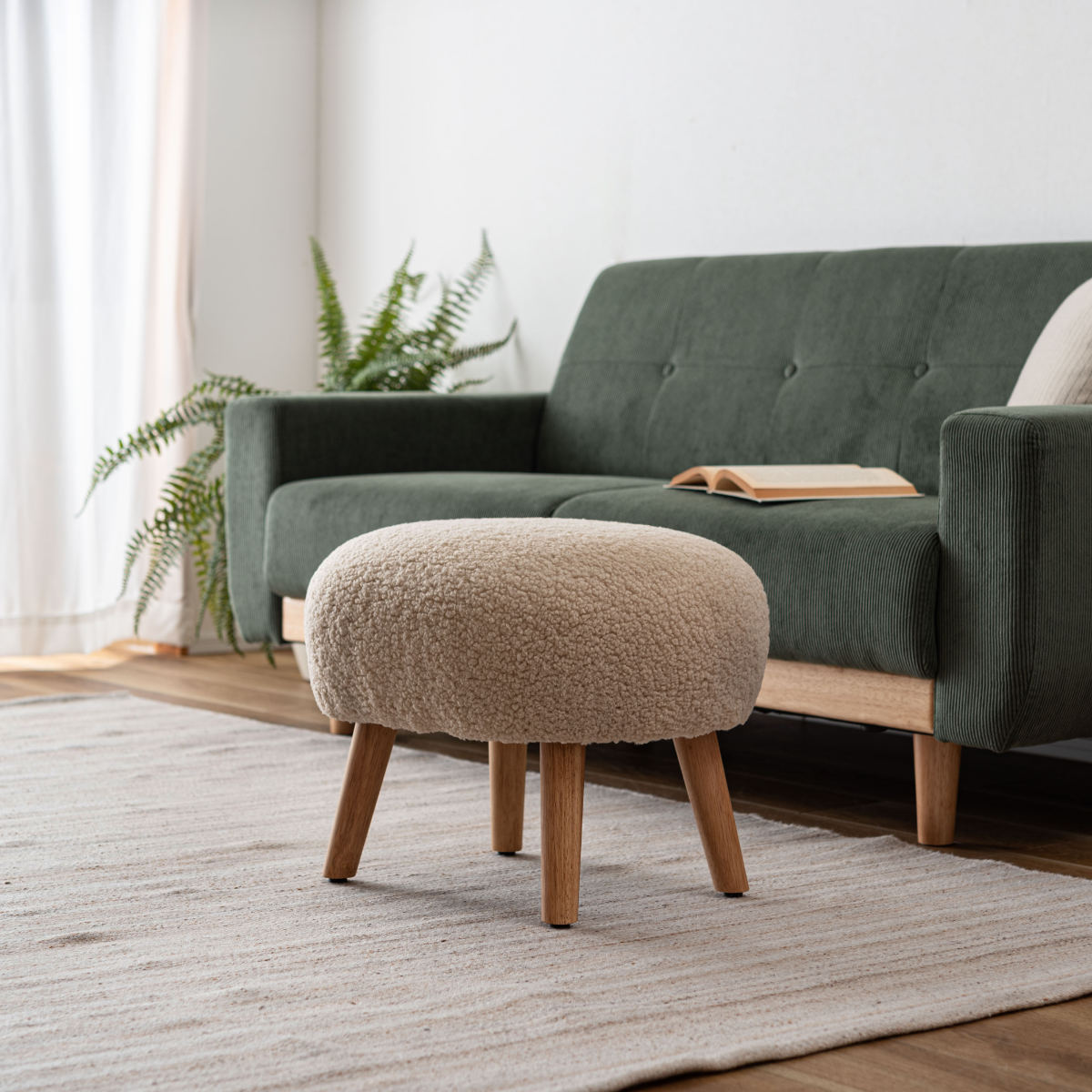 スツール 高さ38cm ブークレ生地 木脚 ( ロー 低い コンパクトサイズ 丸 ラウンド 円形 サブチェア 椅子 オットマン もこもこ 軽量 大人 子供 キッズチェア キッズ かわいい 玄関 リビング 寝室 子供部屋 キッズスペース ) 【モカブラウン】 モカブラウン