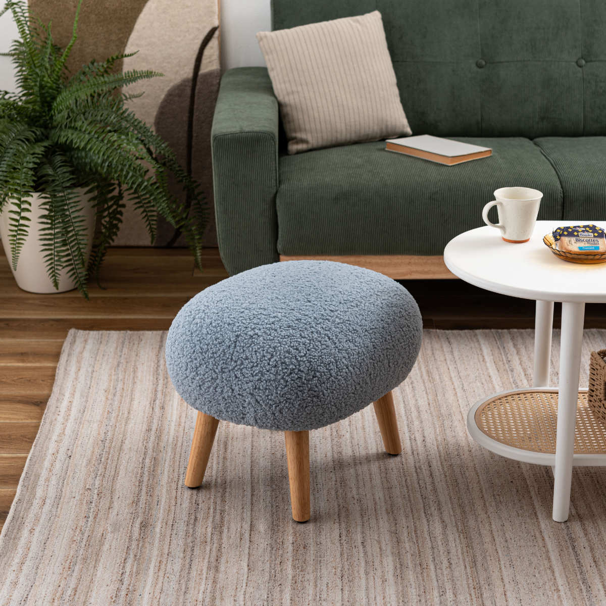 スツール 高さ38cm ブークレ生地 木脚 ( ロー 低い コンパクトサイズ 丸 ラウンド 円形 サブチェア 椅子 オットマン もこもこ 軽量 大人 子供 キッズチェア キッズ かわいい 玄関 リビング 寝室 子供部屋 キッズスペース ) 【モカブラウン】 モカブラウン