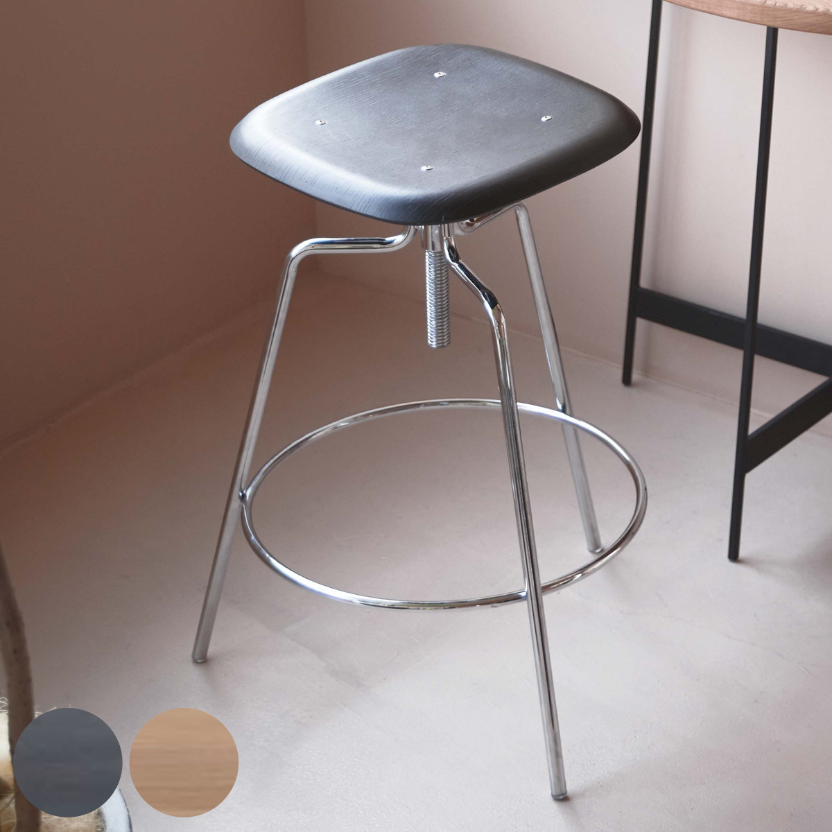 カウンターチェア 昇降式 座面高65~75cm ハイスツール ( 背もたれなし 木製座面 ハイチェア バーチェア ハイタイプ キッチン チェア 椅子 インダストリアル調 無骨 スチール脚 天然木 ナチュラル ブラック 四角 ) 【ナチュラル】