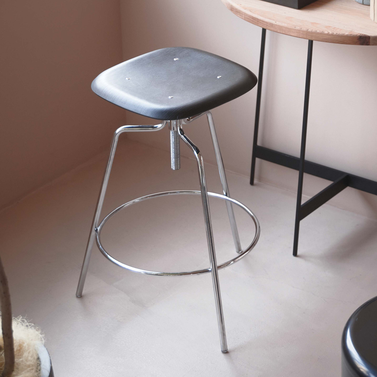 カウンターチェア 昇降式 座面高65~75cm ハイスツール ( 背もたれなし 木製座面 ハイチェア バーチェア ハイタイプ キッチン チェア 椅子 インダストリアル調 無骨 スチール脚 天然木 ナチュラル ブラック 四角 ) 【ブラック】 ブラック