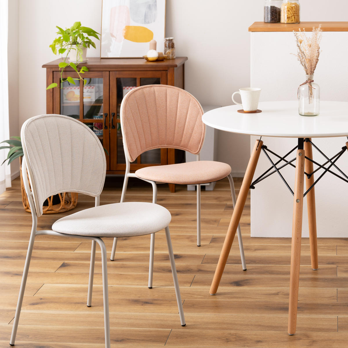 ダイニングチェア 座面高45cm くすみカラー ファブリック座面 ( 貝殻風 食卓 椅子 チェア デスクチェア リビング ダイニング 曲木 ファブリック 天然木 カフェ風 韓国風 ナチュラル ) 【ライトグレー】 ライトグレー