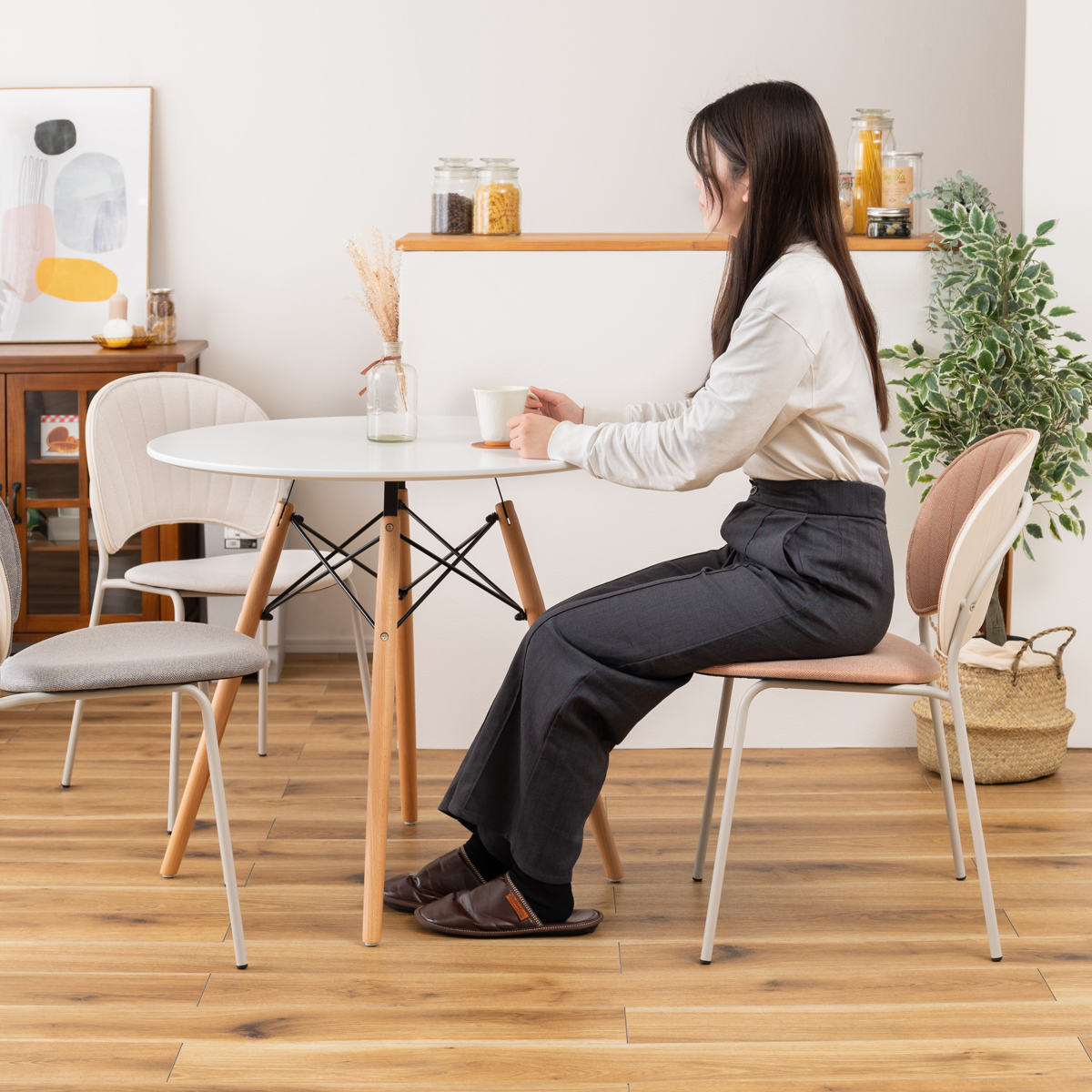 ダイニングチェア 座面高45cm くすみカラー ファブリック座面 ( 貝殻風 食卓 椅子 チェア デスクチェア リビング ダイニング 曲木 ファブリック 天然木 カフェ風 韓国風 ナチュラル ) 【ライトグレー】 ライトグレー