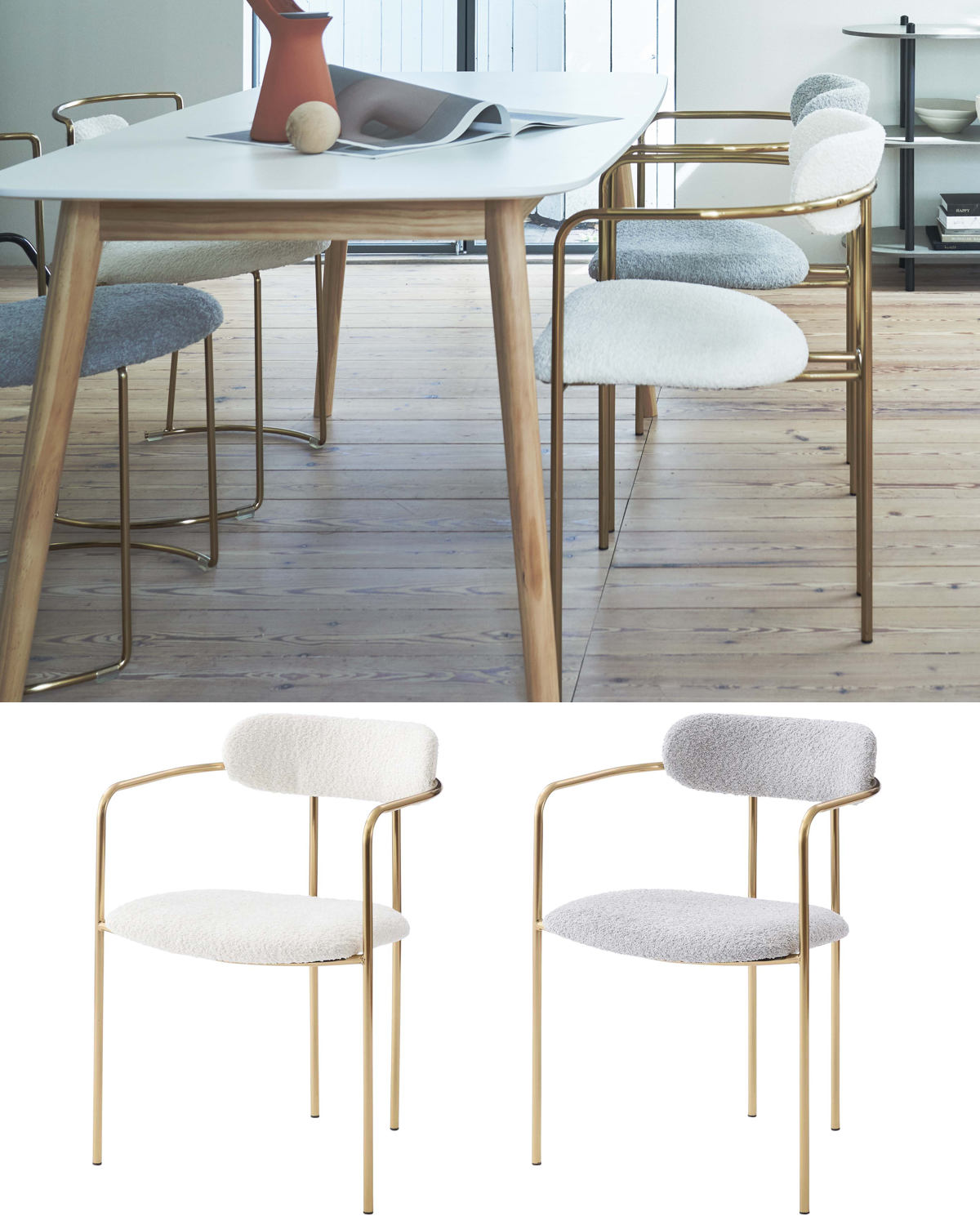 ダイニングチェア 座面高46cm アームチェア アンティークゴールド ( ブークレ生地 もこもこ ゴールド フレーム 食卓 椅子 チェア デスクチェア エレガント リビング ダイニング ファブリック 海外インテリア ホテルライク 高級感 ) 【アイボリー】 アイボリー