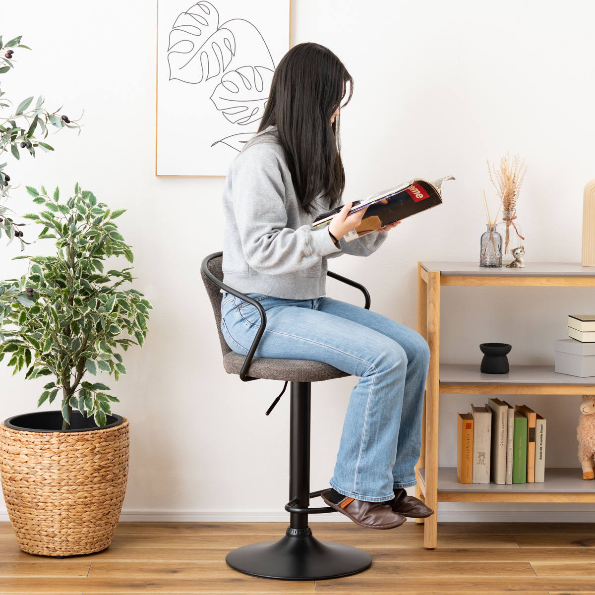 カウンターチェア 昇降式 座面高62~83cm ( 背もたれ付き ハイテーブル バーテーブル ハイタイプ キッチン テーブル ローバック ファブリック スチール脚 ) 【ダークグレー】 ダークグレー