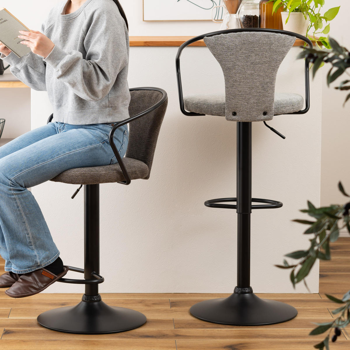 カウンターチェア 昇降式 座面高62~83cm ( 背もたれ付き ハイテーブル バーテーブル ハイタイプ キッチン テーブル ローバック ファブリック スチール脚 ) 【ダークグレー】 ダークグレー