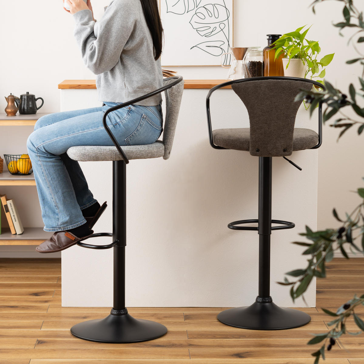 カウンターチェア 昇降式 座面高62~83cm ( 背もたれ付き ハイテーブル バーテーブル ハイタイプ キッチン テーブル ローバック ファブリック スチール脚 ) 【ダークグレー】 ダークグレー