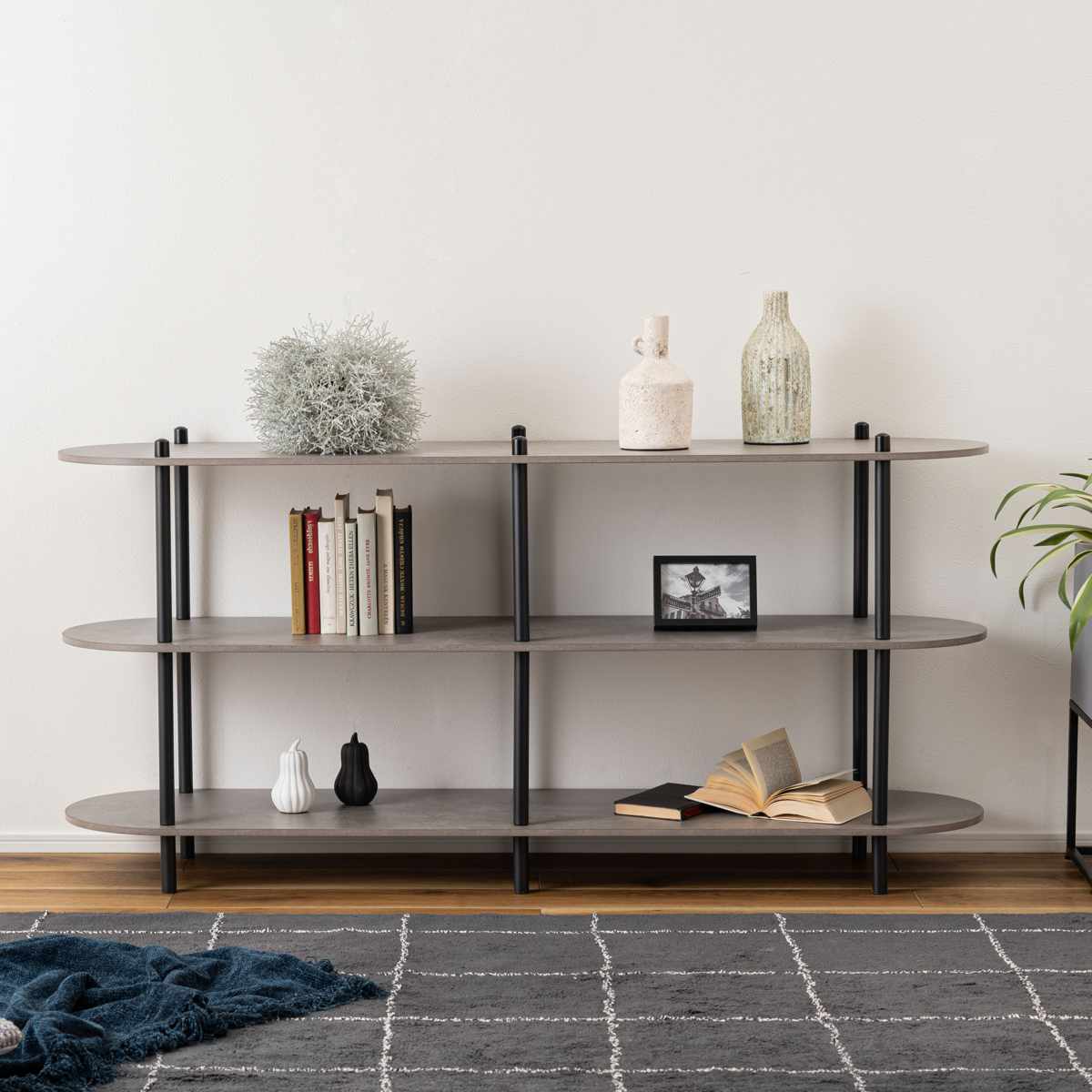 オープンラック 幅155cm 3段 石目調 シンプル ( ラック 棚 飾り棚 シェルフ 収納 三段 本棚 ディスプレイ ブラック ホワイト ) 【ブラック】 ブラック