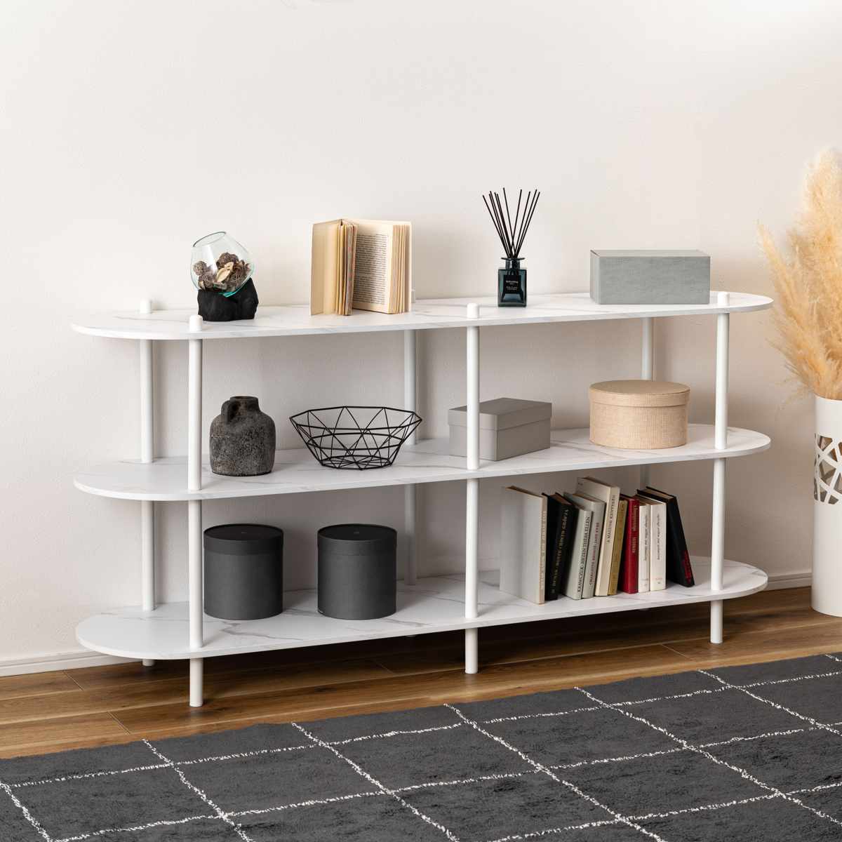 オープンラック 幅155cm 3段 石目調 シンプル ( ラック 棚 飾り棚 シェルフ 収納 三段 本棚 ディスプレイ ブラック ホワイト ) 【ブラック】 ブラック