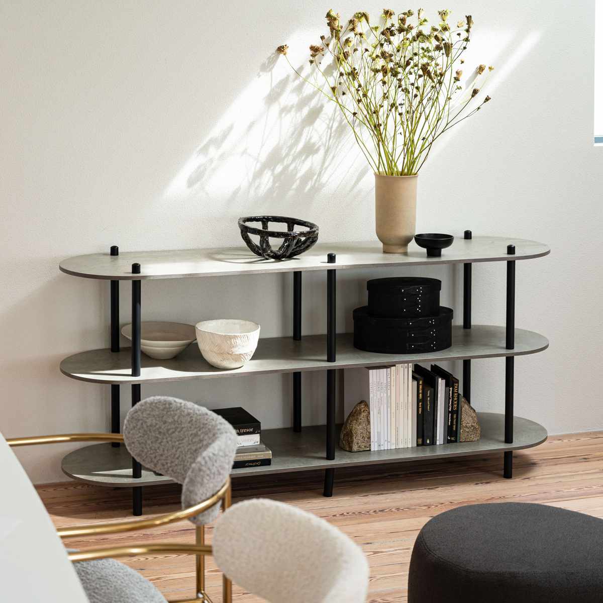 オープンラック 幅155cm 3段 石目調 シンプル ( ラック 棚 飾り棚 シェルフ 収納 三段 本棚 ディスプレイ ブラック ホワイト ) 【ブラック】 ブラック