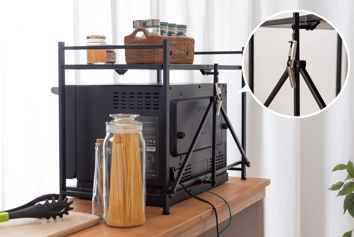 レンジ上ラック 幅62cm 折りたたみ 石目調 ( レンジ台 ラック 棚 キッチンラック レンジボード 完成品 キッチン収納 カウンター上 畳める ブラック ホワイト 省スペース ) 【ブラック】 ブラック