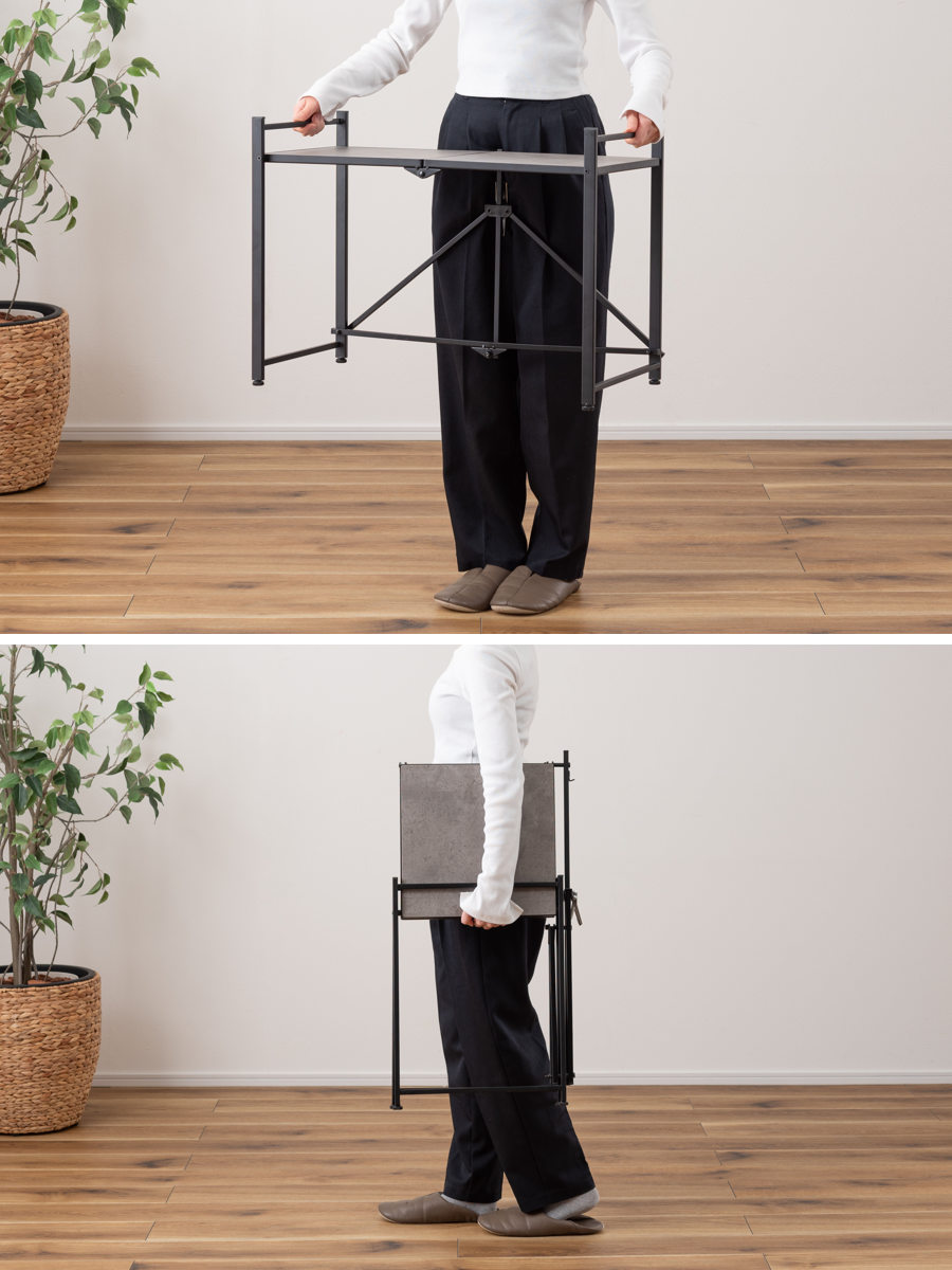 レンジ上ラック 幅62cm 折りたたみ 石目調 ( レンジ台 ラック 棚 キッチンラック レンジボード 完成品 キッチン収納 カウンター上 畳める ブラック ホワイト 省スペース ) 【ブラック】 ブラック