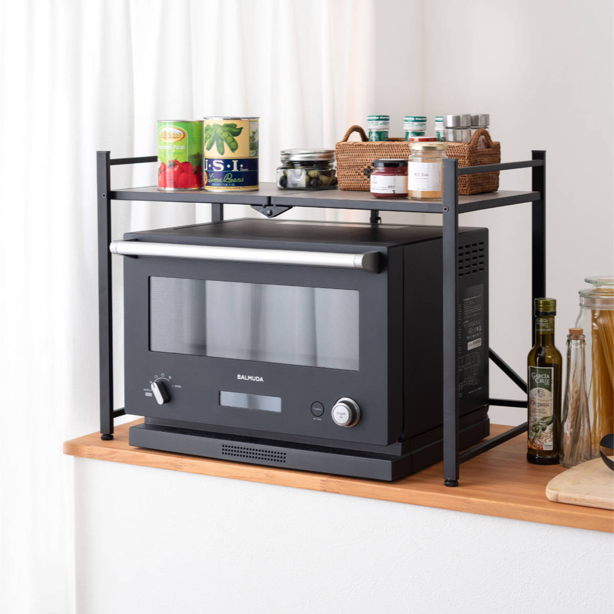 レンジ上ラック 幅62cm 折りたたみ 石目調 ( レンジ台 ラック 棚 キッチンラック レンジボード 完成品 キッチン収納 カウンター上 畳める ブラック ホワイト 省スペース ) 【ブラック】 ブラック