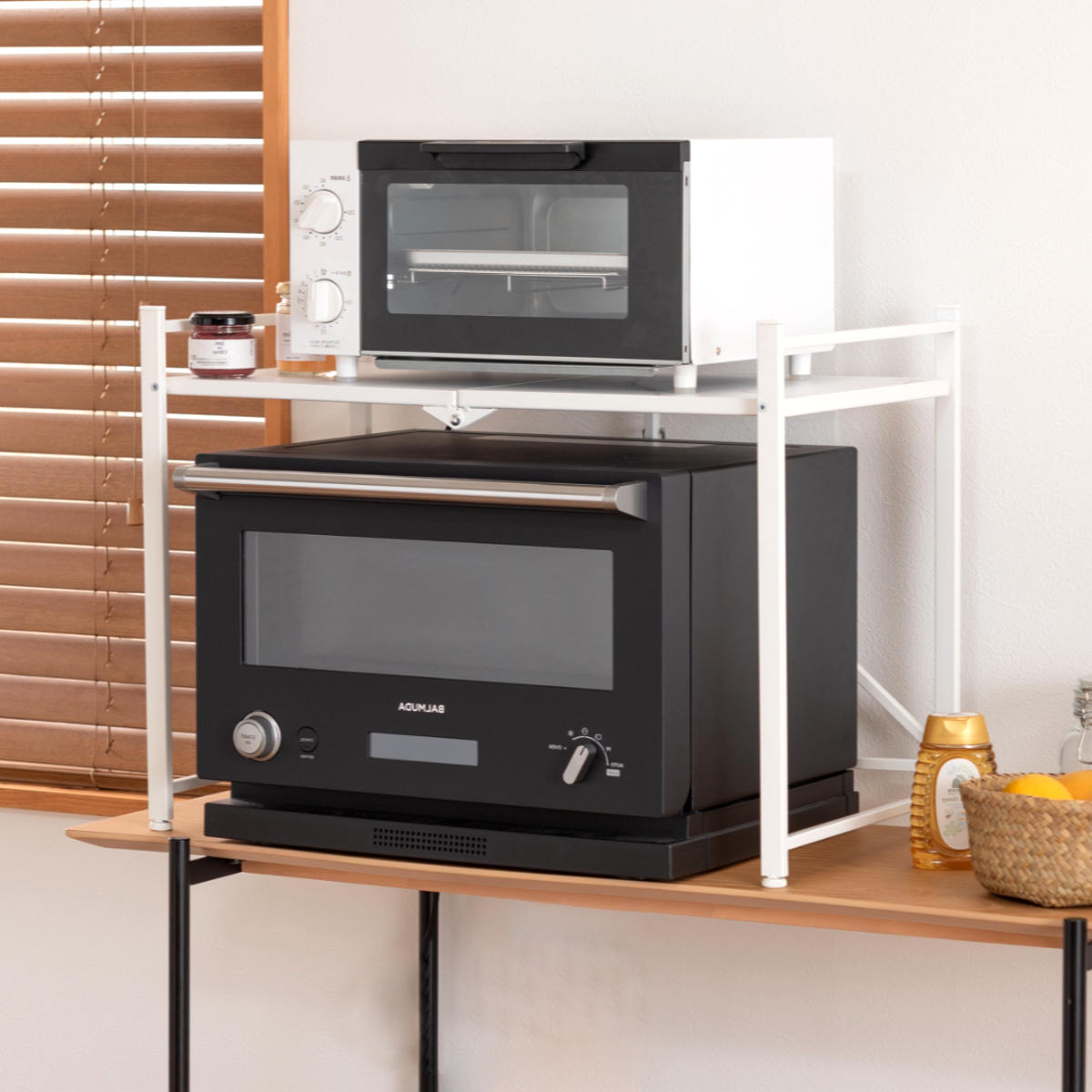 レンジ上ラック 幅62cm 折りたたみ 石目調 ( レンジ台 ラック 棚 キッチンラック レンジボード 完成品 キッチン収納 カウンター上 畳める ブラック ホワイト 省スペース ) 【ブラック】 ブラック