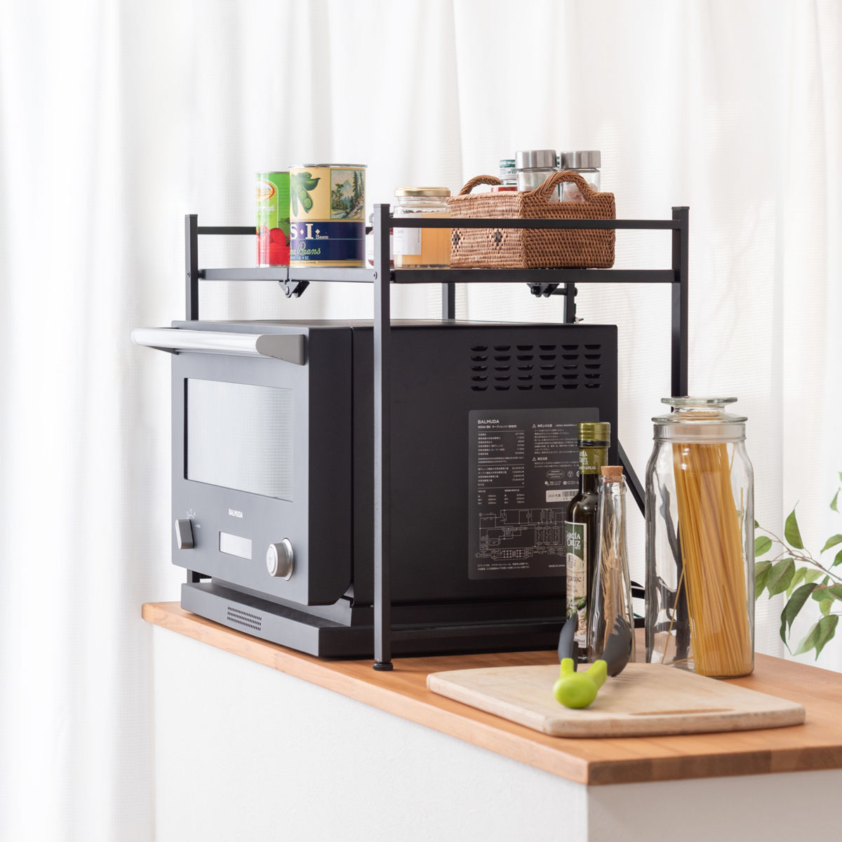 レンジ上ラック 幅62cm 折りたたみ 石目調 ( レンジ台 ラック 棚 キッチンラック レンジボード 完成品 キッチン収納 カウンター上 畳める ブラック ホワイト 省スペース ) 【ブラック】 ブラック