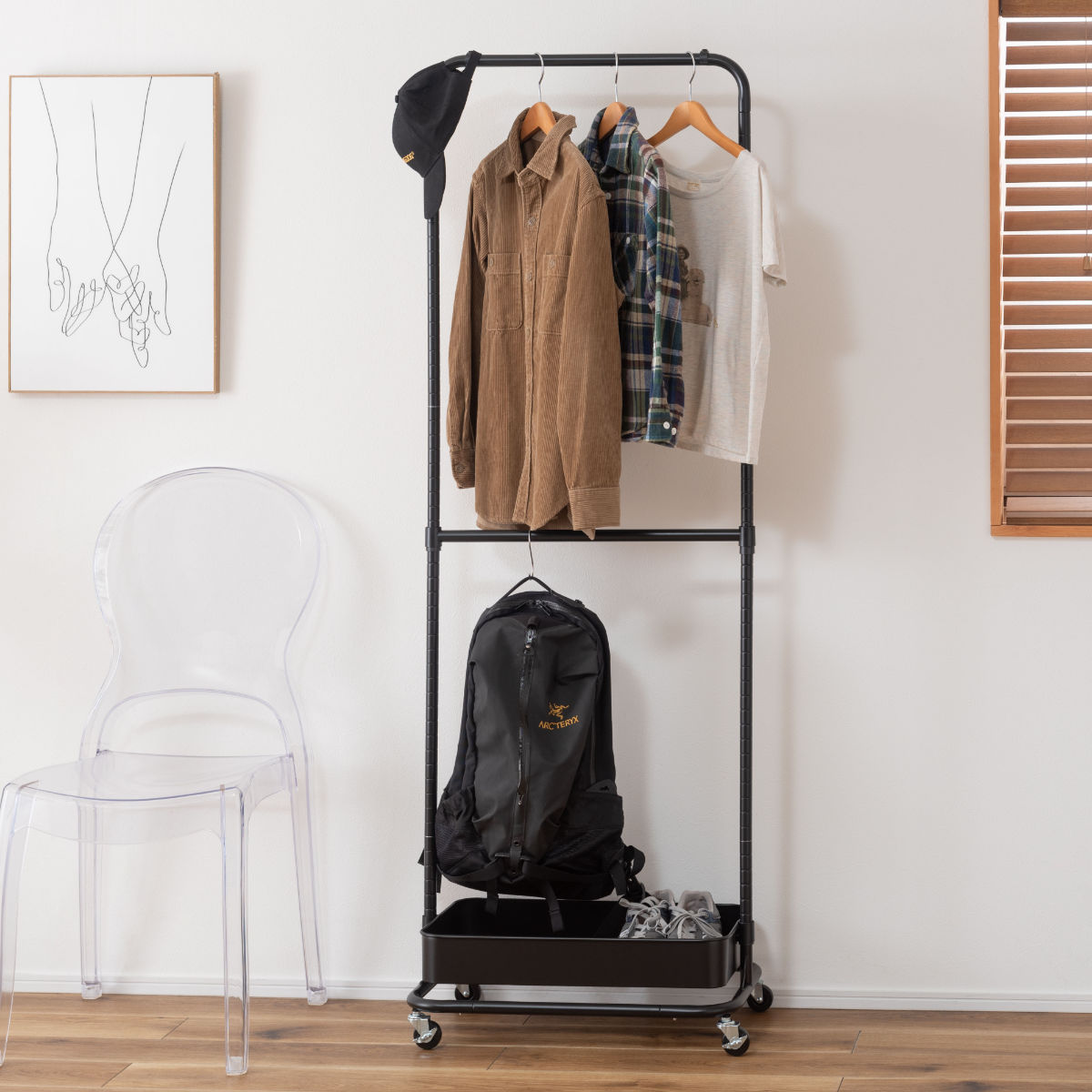 ハンガーワゴン 幅59.5cm 1段 キャスター付 スチール ( ハンガーラック ワゴン トローリー カゴ 棚付 バスケットトローリー 高さ調節 コートハンガー ランドセルラック ブラック グレー ホワイト ) 【ブラック】 ブラック