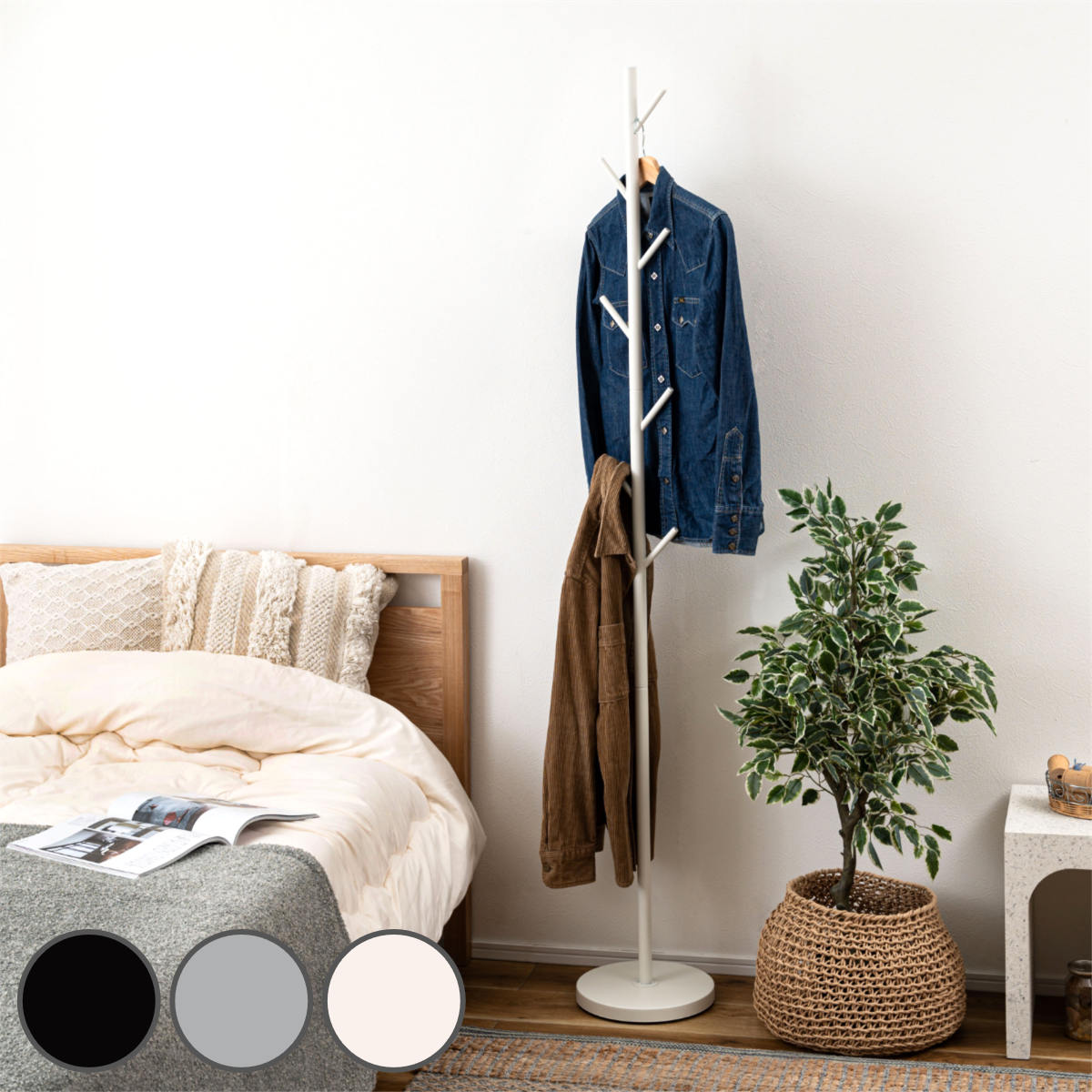 ポールハンガー 幅26cm フック7本 スチール （ ポールスタンド スリム コート掛け 玄関 省スペース ハンガーポール 衣類収納 すき間 ブラック グレー ホワイト ） 【ホワイト】