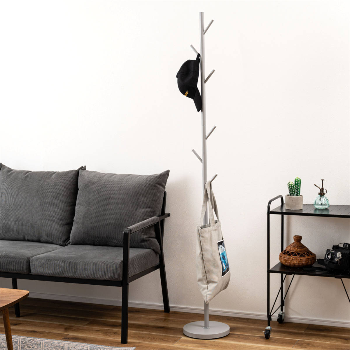 ポールハンガー 幅26cm フック7本 スチール ( ポールスタンド スリム コート掛け 玄関 省スペース ハンガーポール 衣類収納 すき間 ブラック グレー ホワイト ) 【ホワイト】 ホワイト