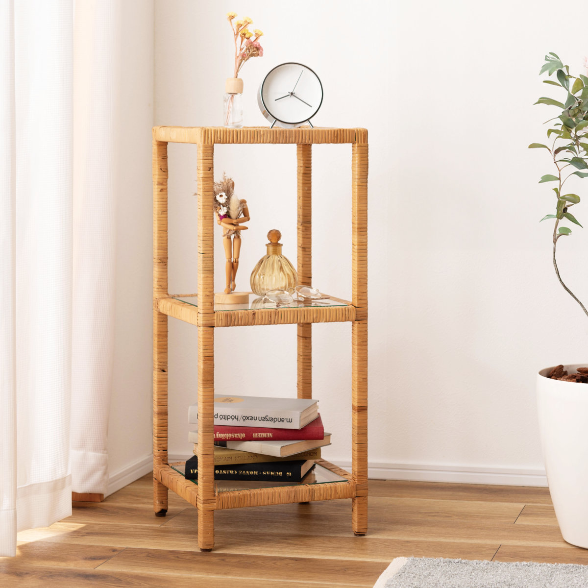 籐 オープンラック 幅30cm 3段 強化ガラス （ ラック ディスプレイ