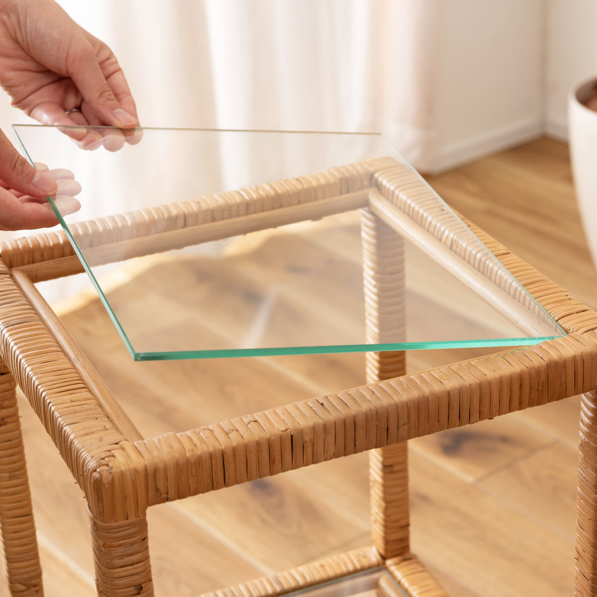 籐 オープンラック 幅30cm 3段 強化ガラス （ ラック ディスプレイ