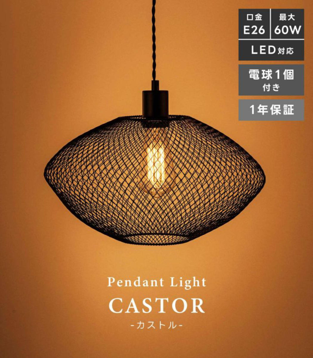 ペンダントライト LED対応 電球付き CASTOR ( カストル 照明 ライト 吊り下げ 照明器具 メッシュ スチール ブラック ホワイト モノトーン おしゃれ 北欧 モダン シンプル ) 【ブラック】 ブラック