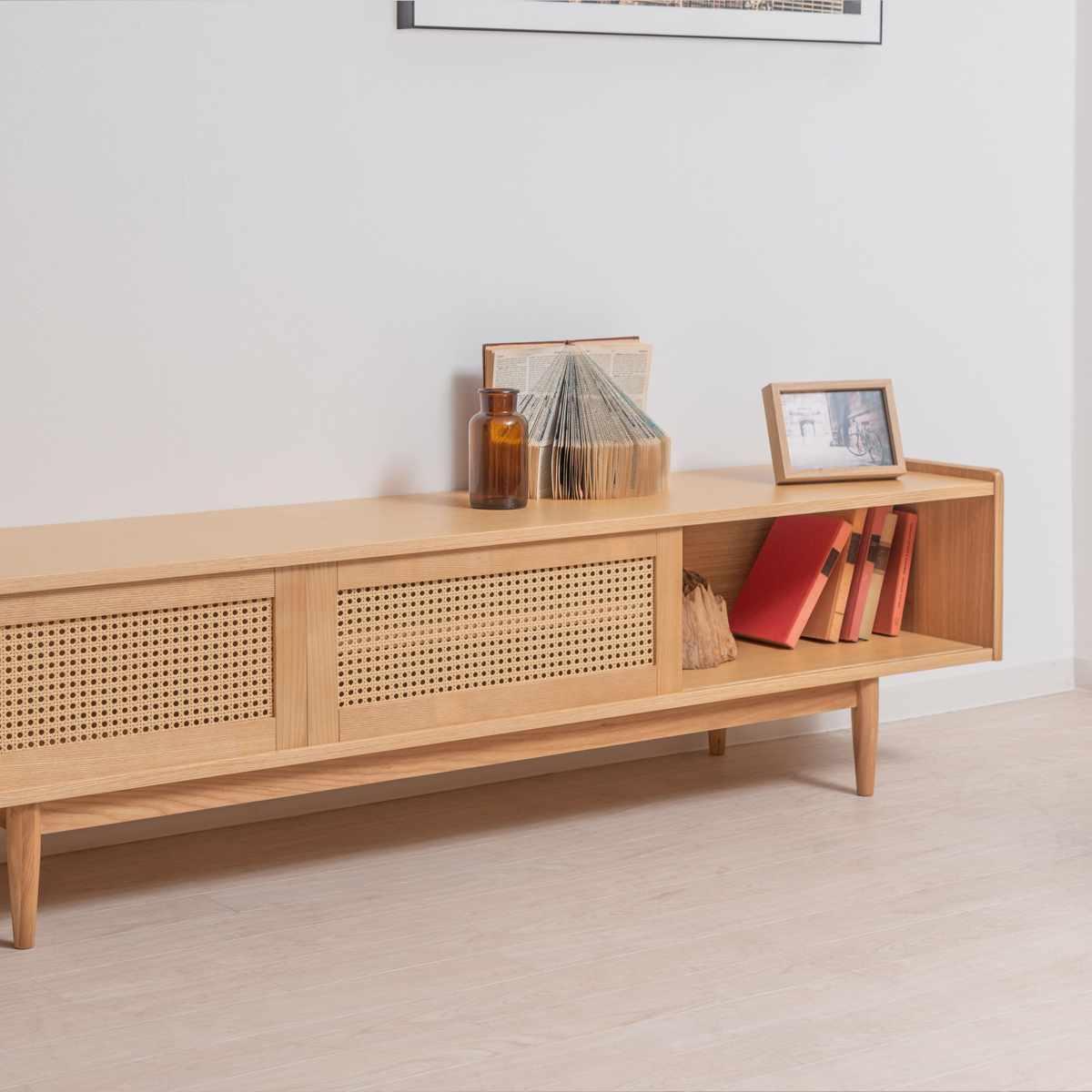 form ローボード 幅180cm 80インチ対応 ガモット ラタン調 ( テレビ台 TV台 テレビボード 収納 ラック 人工ラタン フォーム 引き戸 天然木 リビングボード かごめ編 お掃除ロボット対応 )