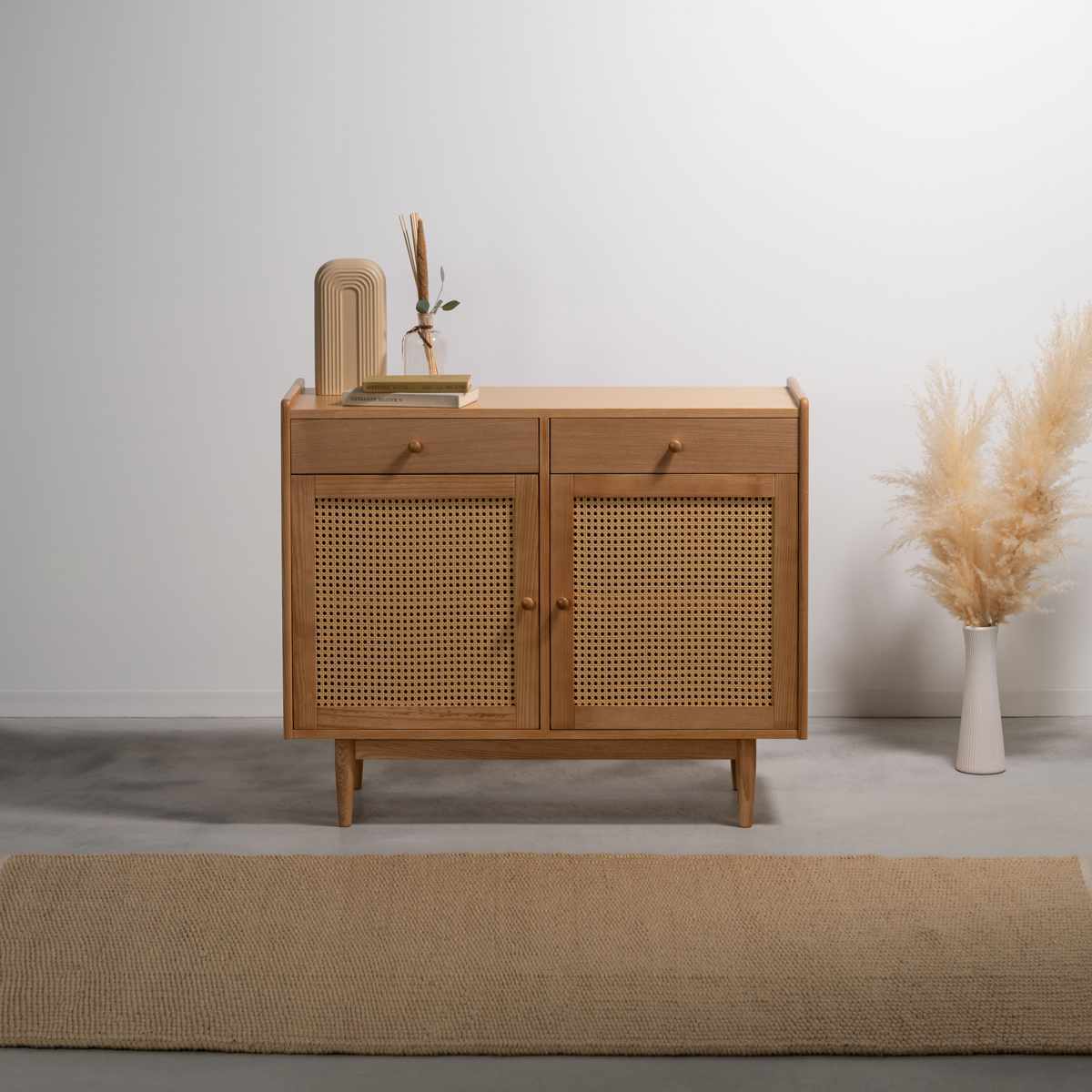 form キャビネット 幅100cm ガモット ラタン調 ( 棚 ラック 食器棚 収納 人工ラタン 引き出し フォーム 可動棚 天然木 リビングボード かごめ編 お掃除ロボット対応 )