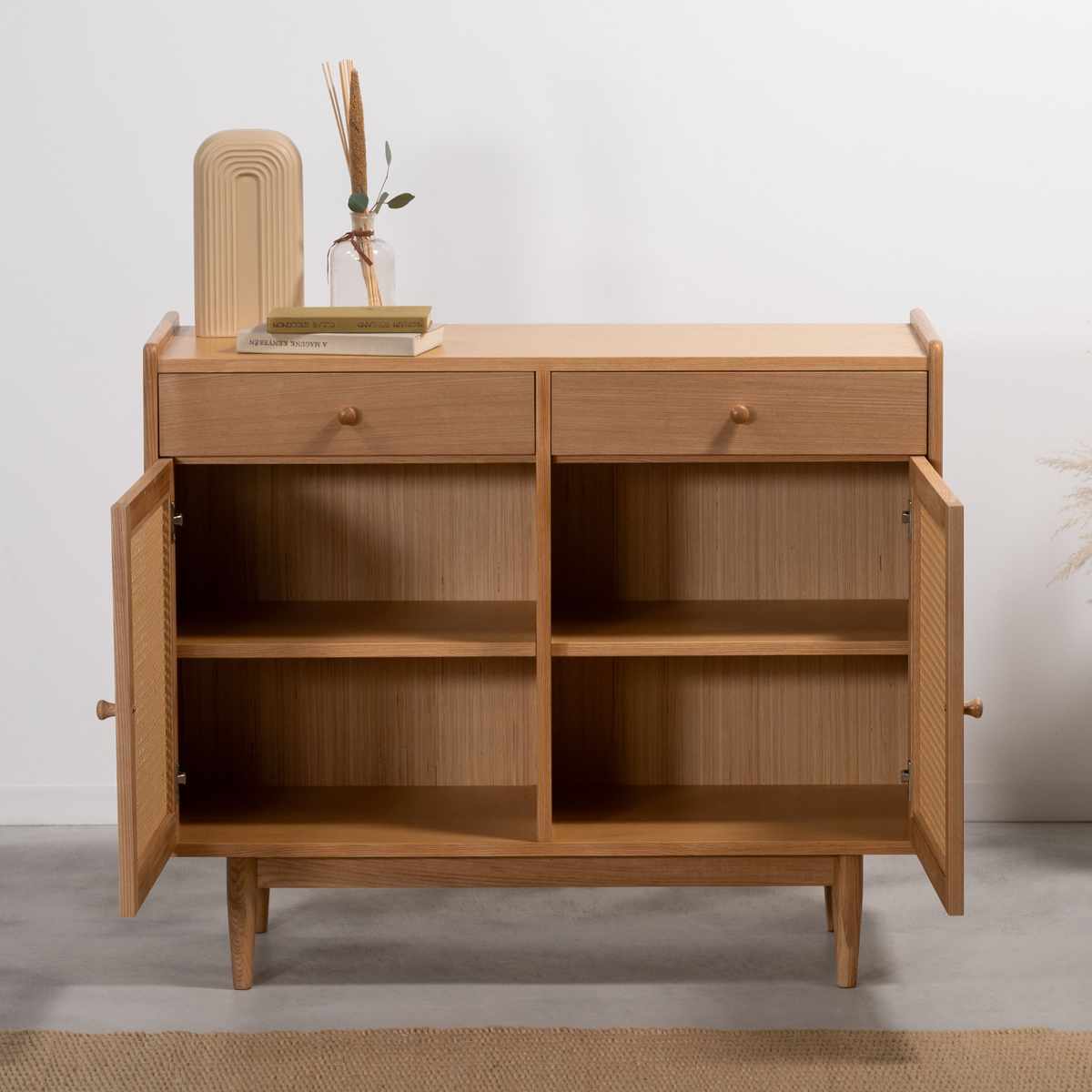 form キャビネット 幅100cm ガモット ラタン調 ( 棚 ラック 食器棚 収納 人工ラタン 引き出し フォーム 可動棚 天然木 リビングボード かごめ編 お掃除ロボット対応 )