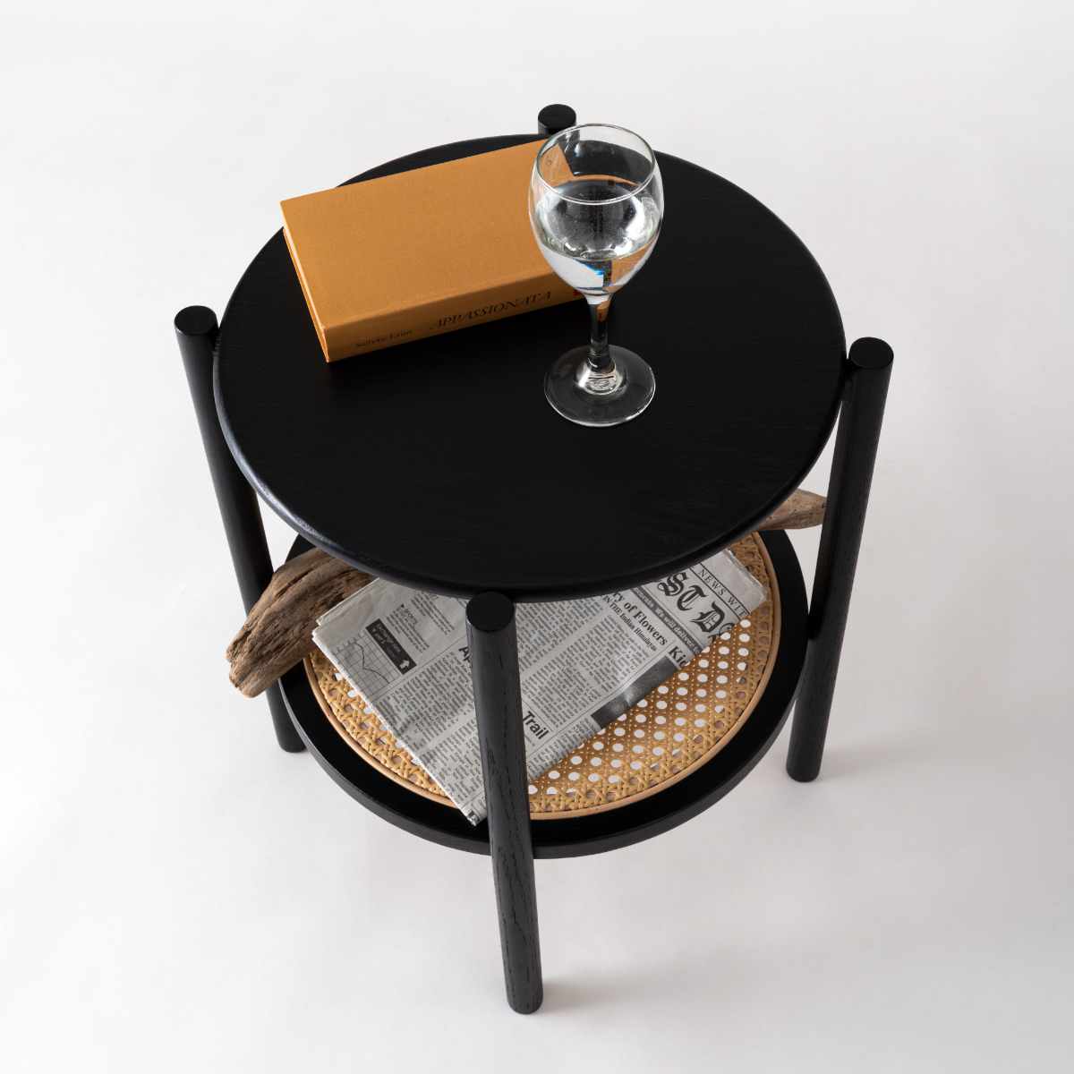 サイドテーブル 高さ50cm 円型 2段 チャービル form ( テーブル ソファサイド ベッドサイド 机 ミニテーブル 木製 天然木 丸 棚付き リビング リビングテーブル コーヒーテーブル ソファテーブル おしゃれ かごめ編み ) 【ブラック】 ブラック