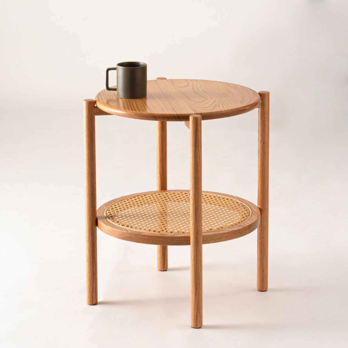 サイドテーブル 高さ50cm 円型 2段 チャービル form ( テーブル ソファサイド ベッドサイド 机 ミニテーブル 木製 天然木 丸 棚付き リビング リビングテーブル コーヒーテーブル ソファテーブル おしゃれ かごめ編み ) 【ブラック】 ブラック