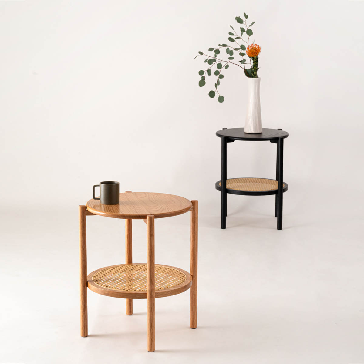 サイドテーブル 高さ50cm 円型 2段 チャービル form ( テーブル ソファサイド ベッドサイド 机 ミニテーブル 木製 天然木 丸 棚付き リビング リビングテーブル コーヒーテーブル ソファテーブル おしゃれ かごめ編み ) 【ブラック】 ブラック