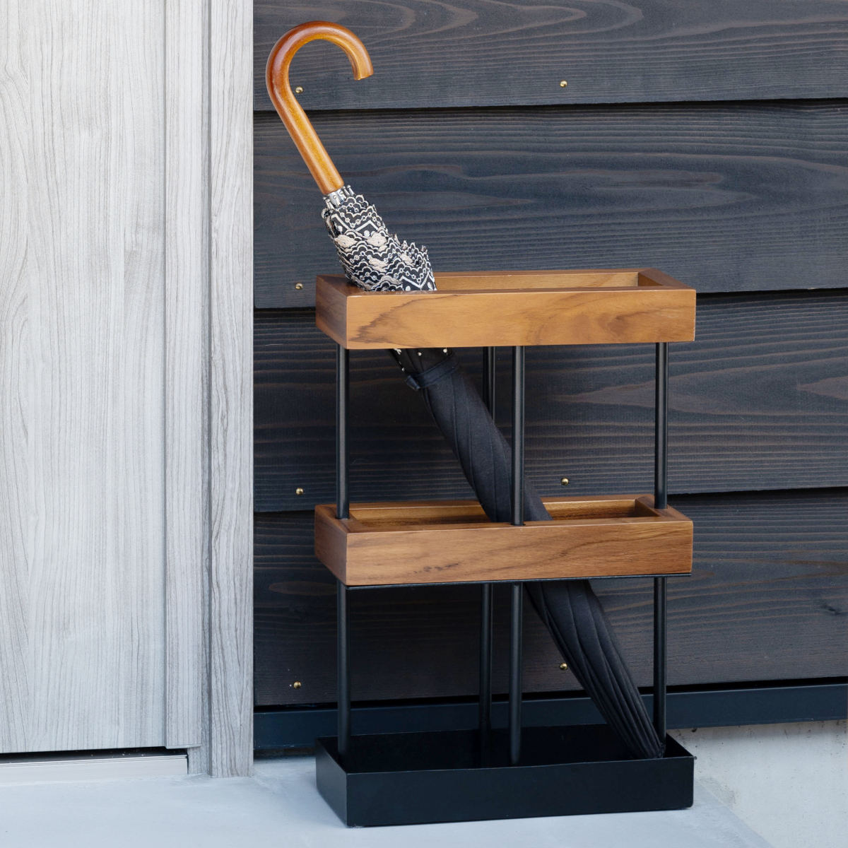 傘立て 四角 木製 スチール （ 傘たて スリム 玄関収納 省スペース 天然木 ブラック 木 ウッド 角型 コンパクト 北欧 おしゃれ ）