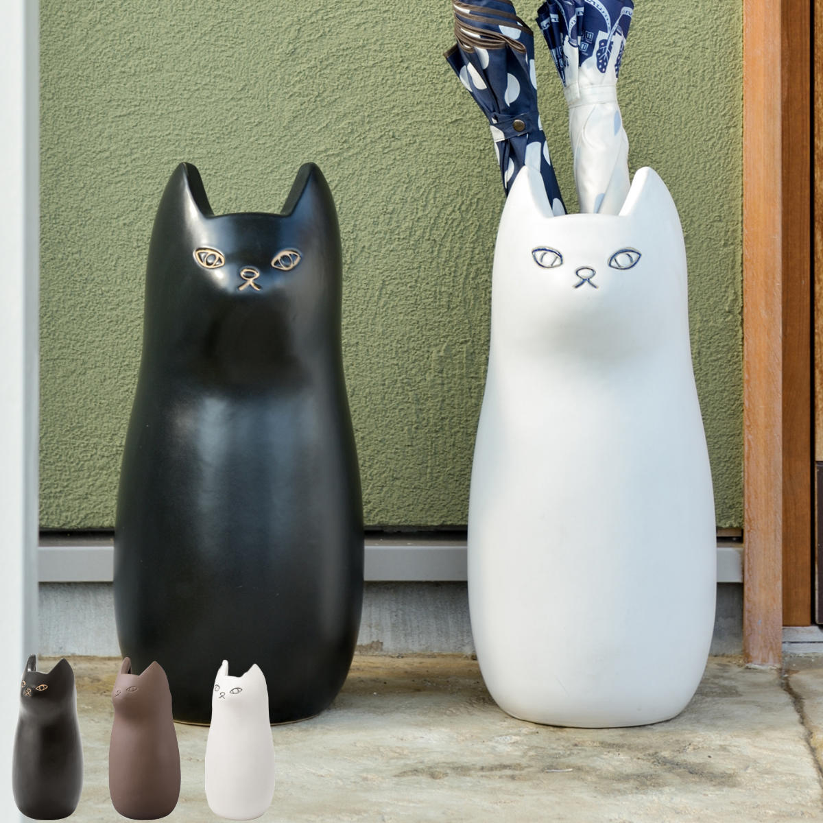 傘立て ネコ 45cm 陶器 （ 傘たて 猫 玄関収納 スリム アンブレラスタンド かわいい 猫グッズ 傘入れ 猫型 アニマル 錆びない 北欧 玄関 収納 ） 【ホワイト】