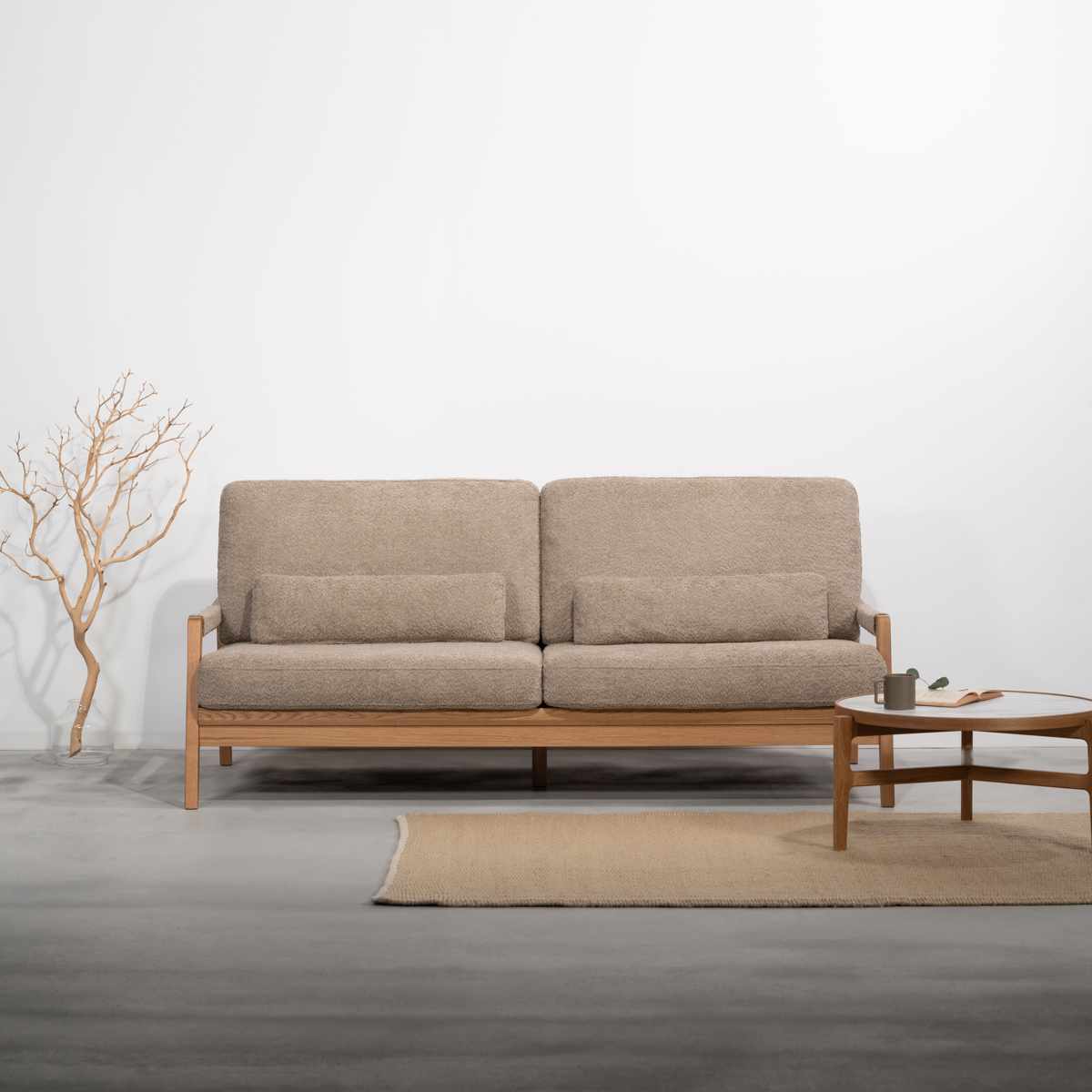 ソファ 3人掛け 幅181cm ブークレ生地 フェンネル form ( 開梱設置 リビングソファ sofa 木製 天然木 肘掛け ファブリック ダイニングソファ 柔らかい 肌触り ソファー 木製フレーム 肘付きソファ ) 【カーキ】 カーキ