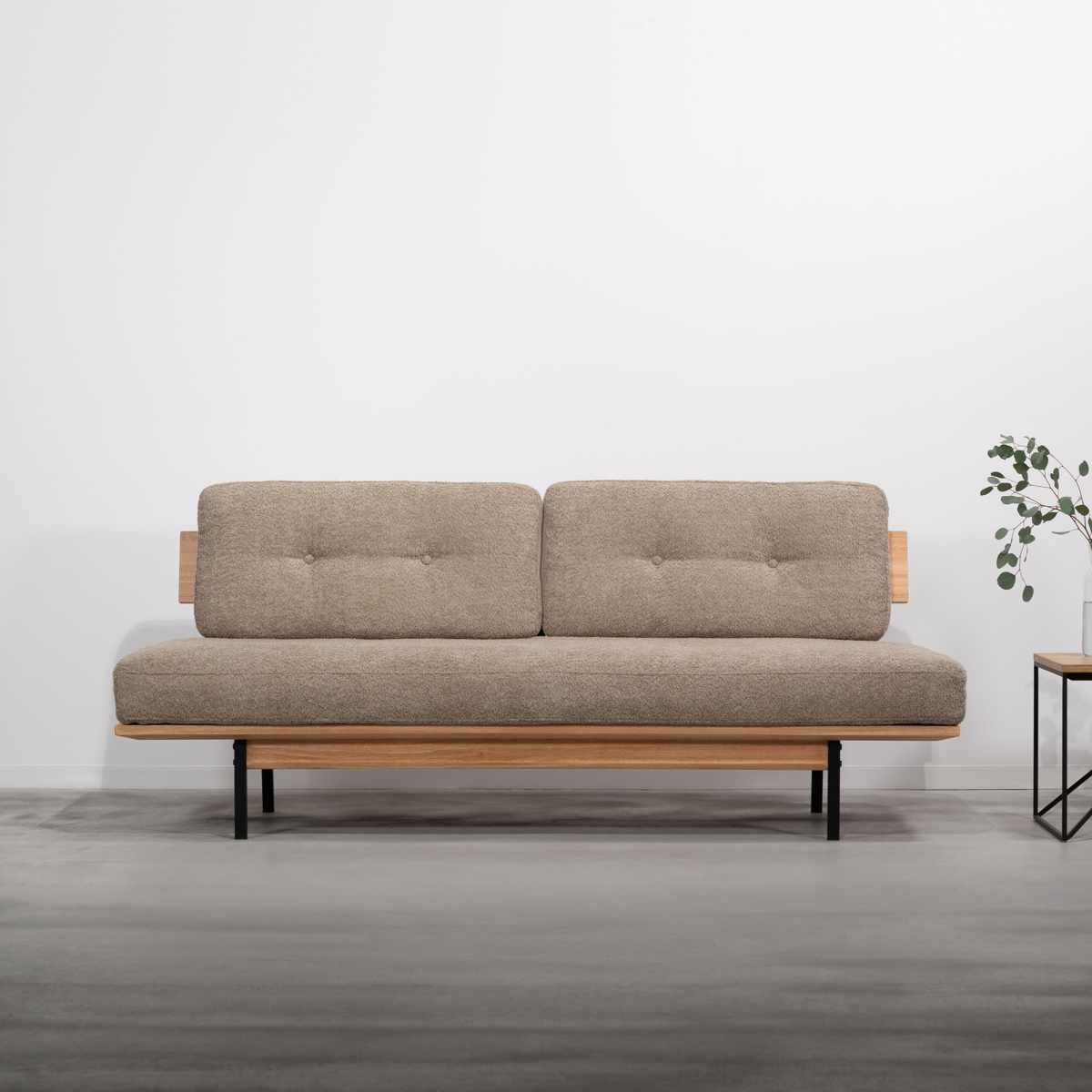 ソファ 3人掛け 幅182cm ブークレ生地 マートル form ( 開梱設置 リビングソファ sofa 木製 天然木 アイアン ファブリック ダイニングソファ 柔らかい 肌触り ソファー アームレス ローバック ) 【カーキ】 カーキ