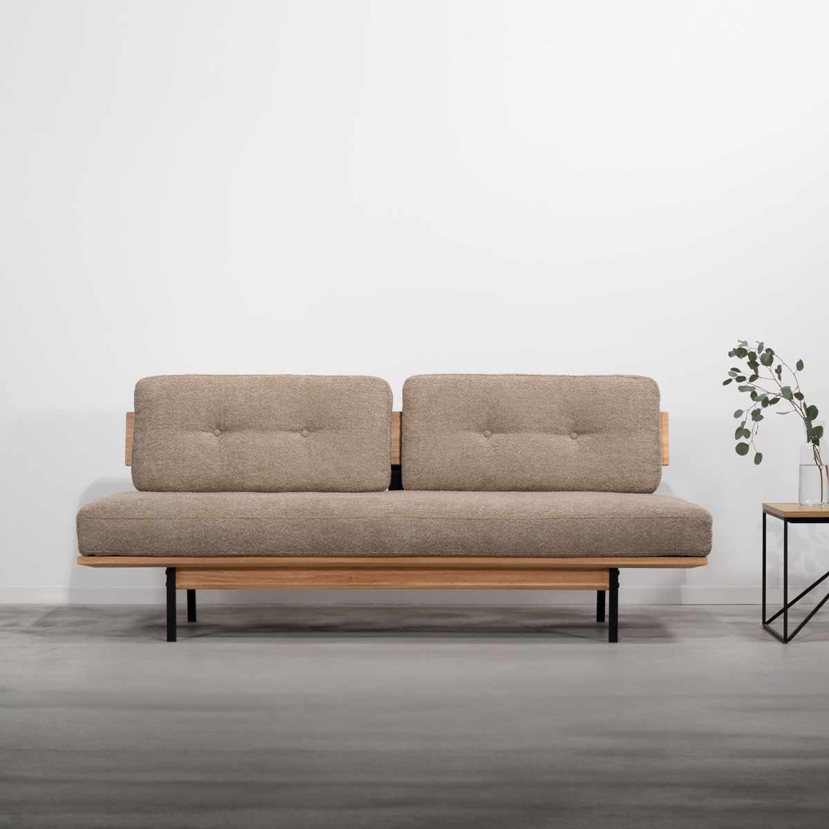 ソファ 3人掛け 幅182cm ブークレ生地 マートル form ( 開梱設置 リビングソファ sofa 木製 天然木 アイアン ファブリック ダイニングソファ 柔らかい 肌触り ソファー アームレス ローバック ) 【カーキ】 カーキ