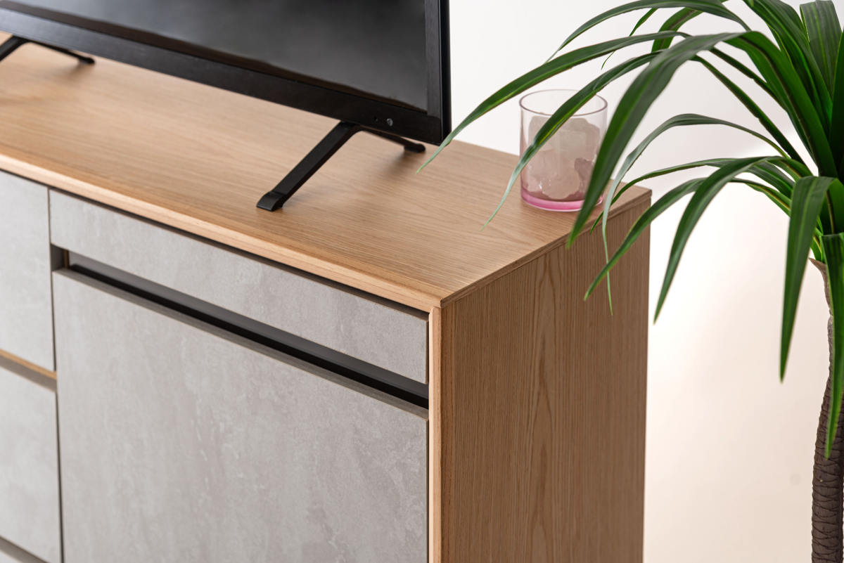 form サイドボード 幅100cm プラント 木目調 天然木 石目調 可動棚 ( リビングボード 石目調 大容量 スライドレール 引出し フォーム 本棚 ラック 引き出し テレビ台 リモコン操作OK )