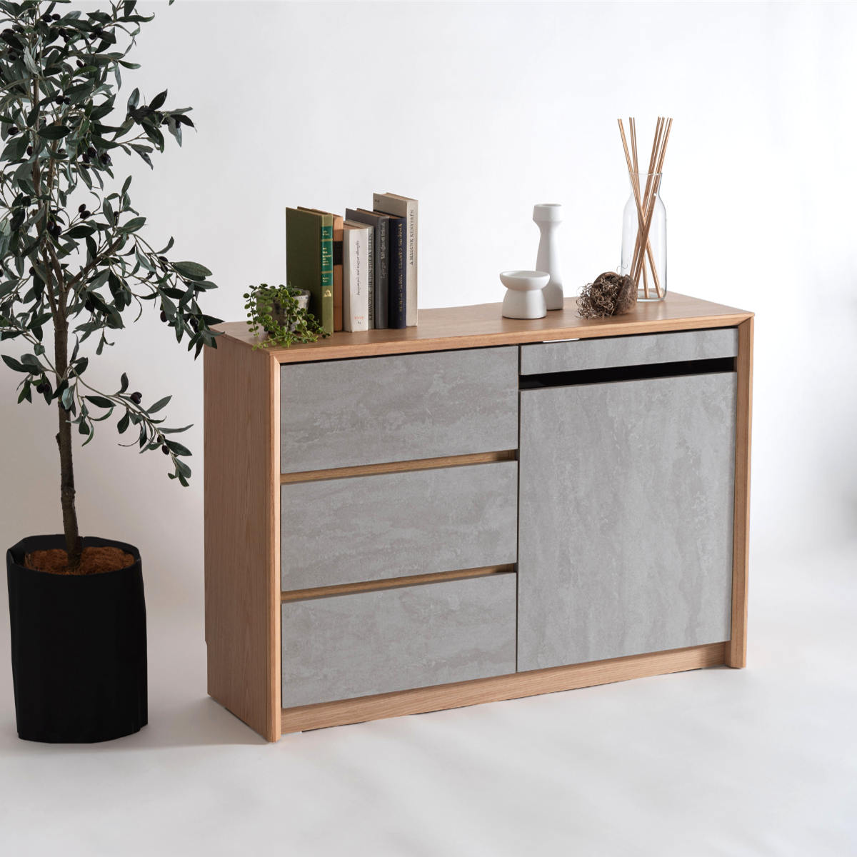 form サイドボード 幅100cm プラント 木目調 天然木 石目調 可動棚 ( リビングボード 石目調 大容量 スライドレール 引出し フォーム 本棚 ラック 引き出し テレビ台 リモコン操作OK )