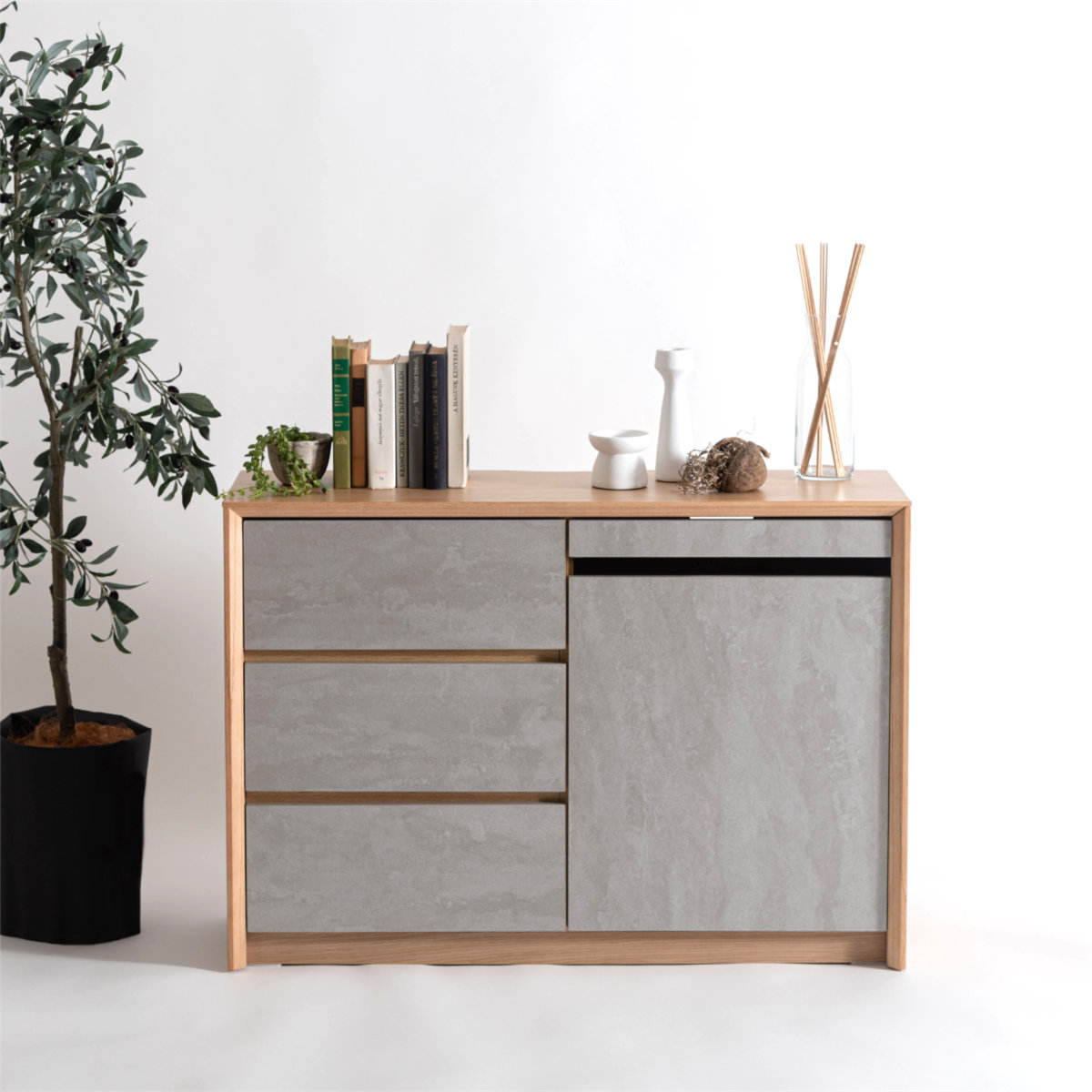 form サイドボード 幅100cm プラント 木目調 天然木 石目調 可動棚 ( リビングボード 石目調 大容量 スライドレール 引出し フォーム 本棚 ラック 引き出し テレビ台 リモコン操作OK )