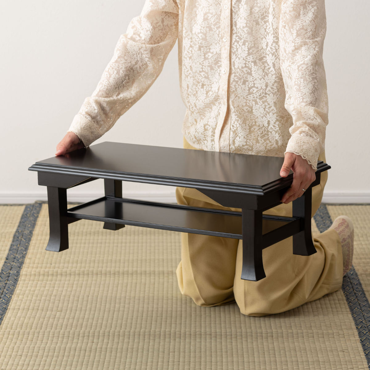 座卓 幅60cm 折りたたみ お座敷ミニテーブル ( 木製 天然木 文机 完成品 折り畳み テーブル 和室 棚板 収納 仏間 法事 写経 光沢 畳 ミニテーブル フォールディング 寺院 座敷 旅館 神社 お寺 お座敷 和風 軽い 軽量 )